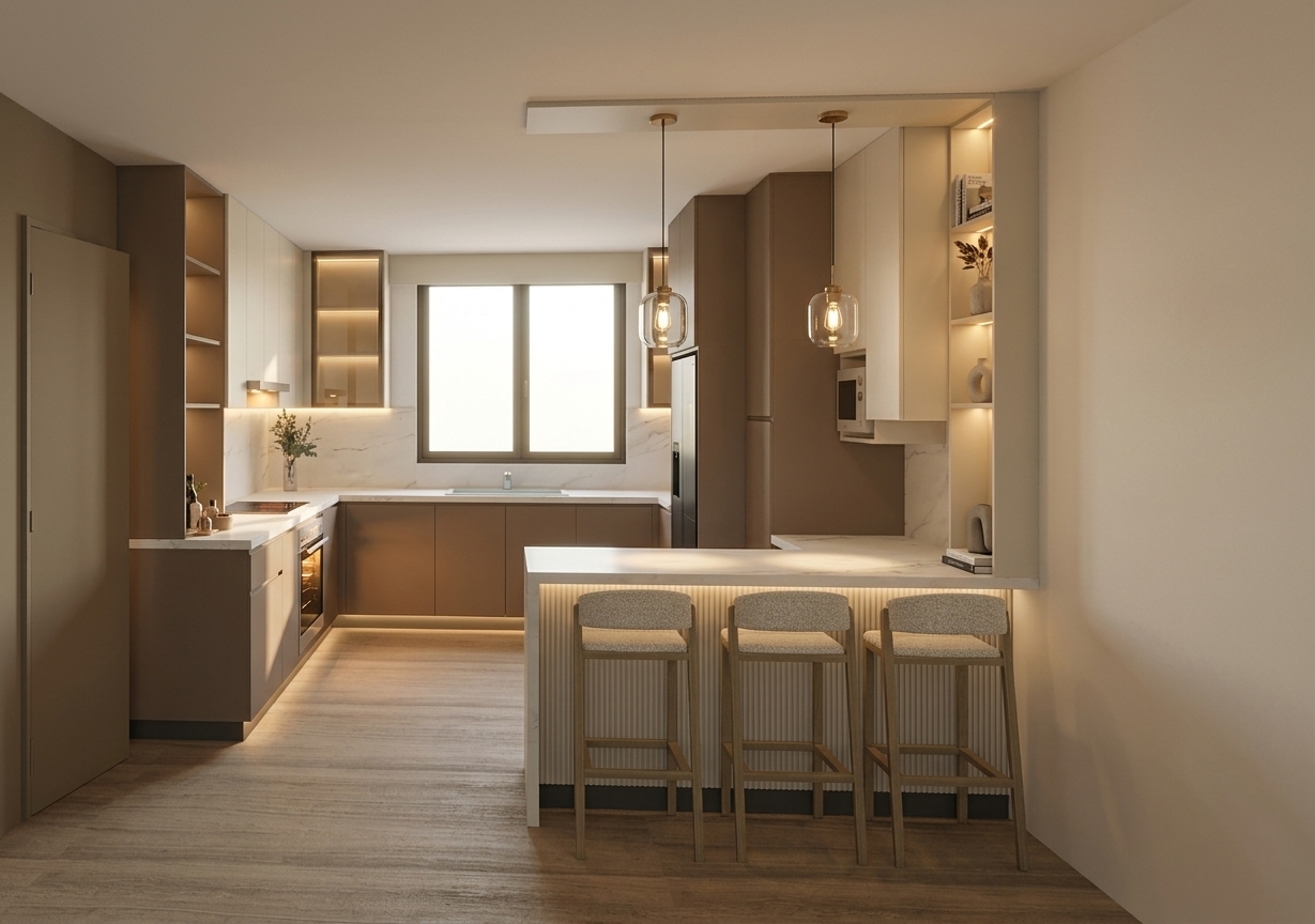 A crisp interior photograph of the kitchen matching the exact layout and framing, illuminated by warm 3000K LED strip lighting hidden under the upper cabinetry, shelf recesses, and softly washing the fluted breakfast bar front. Sleek, minimalist modern pendant lights hang gracefully above the peninsula counter, casting gentle ambient pools of warm light onto the polished white marble surface. Diffused daytime ambient light enters through the central window, mixing naturally with the interior glow to create realistic reflections, subtle contact shadows, and tactile micro-textures across the matte taupe cabinet faces, wood-framed bouclé barstools, and light oak flooring, captured with a sharp wide-angle lens, natural depth of field, and fine photographic grain.