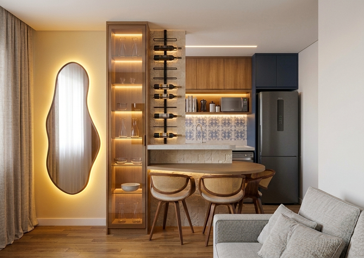 A crisp, eye-level architectural interior photograph preserving the exact room layout, furniture, and colors, enhanced with layered warm lighting. Intensify the luminous golden halo behind the organic wall mirror, casting a brighter, soft glow across the adjacent wall. Illuminate the reflecta-glass display shelves, the kitchen backsplash niche, and the under-cabinet spaces with integrated 2700K warm LED accent lighting, producing delicate highlights and realistic reflections on glassware and tiles. Soft, diffused ambient daylight fills the living area, balanced by gentle shadow falloff, authentic micro-textures on the woven cane chairs and wood grain, subtle lens vignette, and a faint photographic film grain that grounds the entire scene in physical reality.