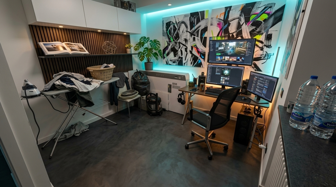An incredibly lifelike, richly detailed, photorealistic wide-angle interior photograph of a modern fusion gaming sanctuary set in a chic urban apartment. The scene is illuminated by concealed cyan and warm amber LED backlighting blended with soft recessed ceiling lights, creating a dynamic, immersive, and sophisticated atmosphere. Captured with a full-frame camera and an ultra-wide 16mm lens, emphasizing smooth matte surfaces, brushed steel accents, and the organic textures of slatted walnut wood. 

The once-cluttered space is completely reimagined with a sleek, industrial-inspired layout: seamless charcoal micro-cement flooring replaces the dated tiles, providing a smooth foundation for a minimalist, high-performance aesthetic. On the right, a bespoke steel-framed walnut battlestation supports floating ultrawide curved monitors with immaculate, invisible cable routing and a modern ergonomic mesh chair. The opposite wall features dark acoustic wood slat panels framing a low-profile credenza displaying an open art photography book, geometric metal sculptures, and a vibrant potted monstera. Dominating the back wall is a bold, oversized abstract canvas bursting with monochromatic strokes and electric color accents, perfectly harmonizing high-tech functionality with clean, contemporary elegance.