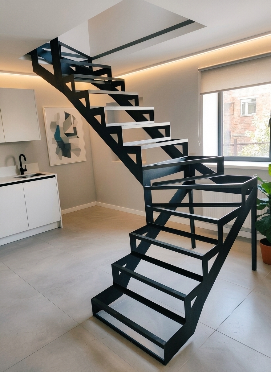 A crisp, natural photograph of the minimalist modern interior, captured with a wide-angle lens at eye level to precisely maintain the scene's existing structural geometry, composition, and framing. Soft, diffused daylight pours through the large side window, mingling with the warm linear ceiling LED to illuminate the matte black steel staircase and concrete-toned floor tiles. Surfaces feature authentic micro-textures, including a fine powder-coat finish on the metal framework, subtle reflections across the large-format floor tiles, and clean matte drywall. The exposure exhibits natural dynamic range with gentle tonal roll-off in the highlights, soft ambient occlusion shadows, and faint lens vignetting for true photographic realism.
