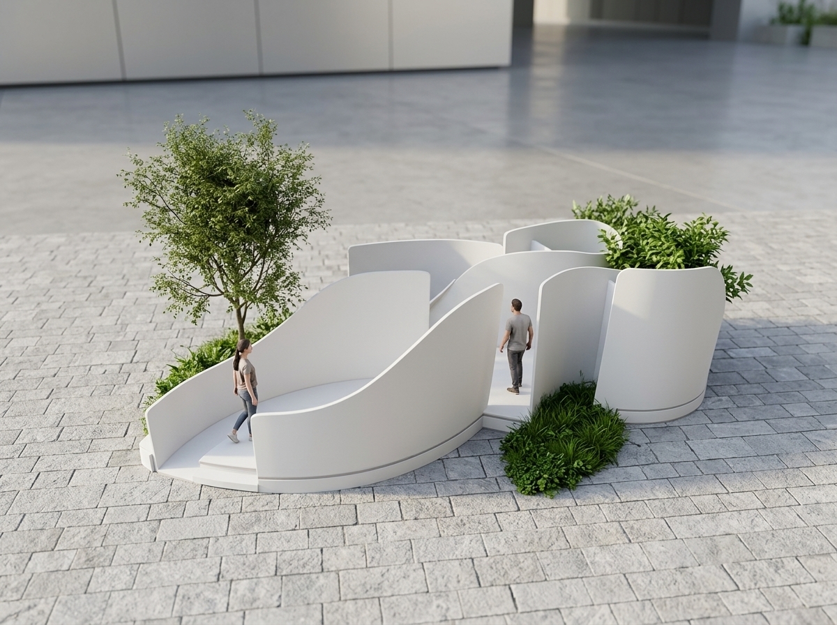 Transform this paper architectural model into a clean, realistic architectural render. Maintain the exact curved wall layout, opening details, and smooth white matte material finish. Replace the herringbone baseboard with realistic stone or concrete pavers. Upgrade the dried-twig plants into realistic green trees, shrubs, and a lush grass patch. Replace the cardboard cutout scale figures with photorealistic 3D people walking naturally around the pavilion. Render with soft, natural outdoor daylight and subtle ambient shadows, set against a clean architectural environment.