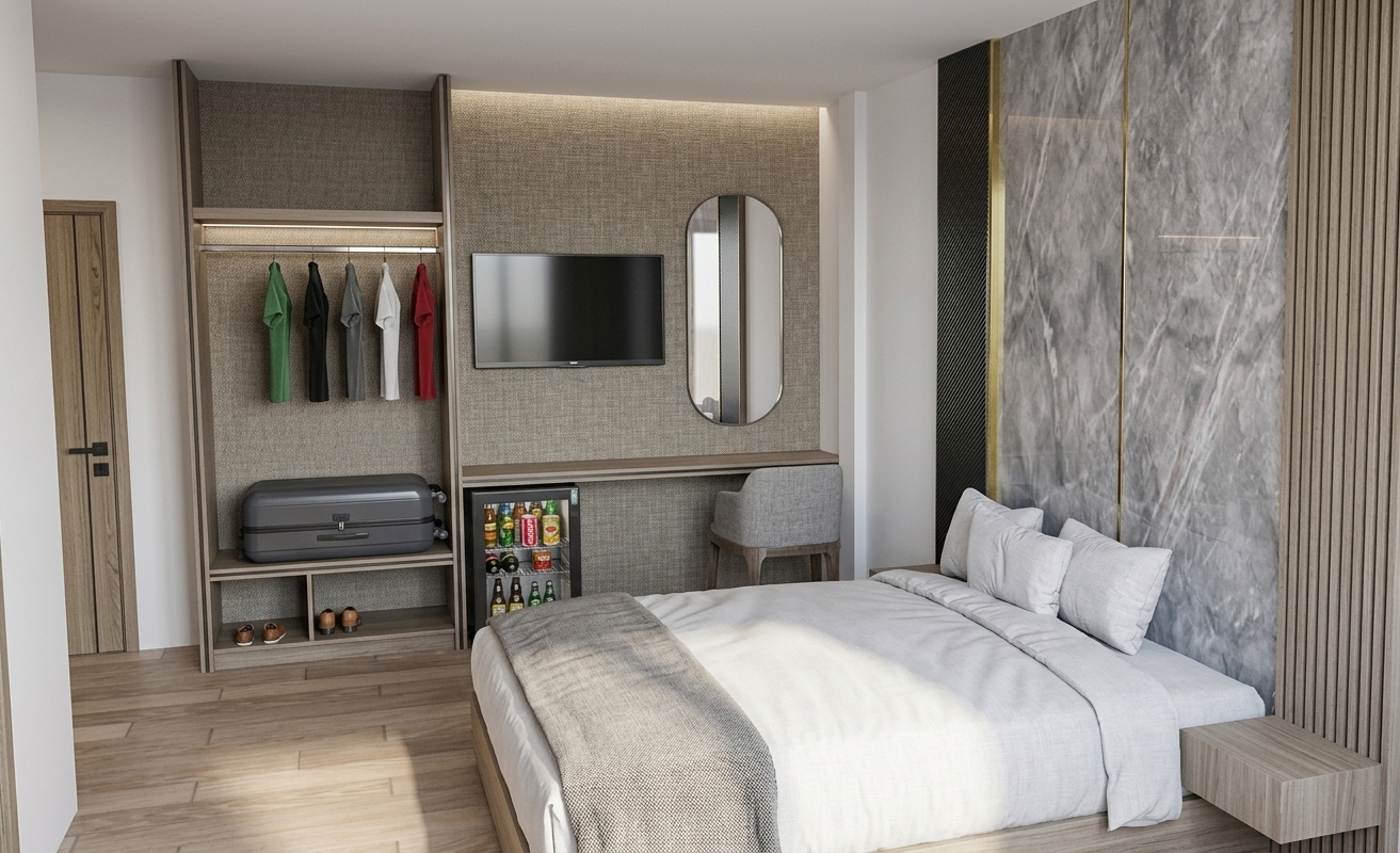A photorealistic wide-angle interior photograph of the modern hotel bedroom, illuminated by warm, low-angled golden sunset light casting long, soft shadows across the light wood plank floor and bed. The scene precisely maintains all original geometry and placement, rendered with realistic material physics: naturally creased cotton bed linens, textured woven wallpaper behind the sleek television, a subtle interior glow from the glass-door minibar, and polished veined marble panels set against dark fluted wood slats. Captured with a sharp architectural lens, rich amber color temperature, natural ambient falloff, subtle lens vignetting, and fine photographic grain.