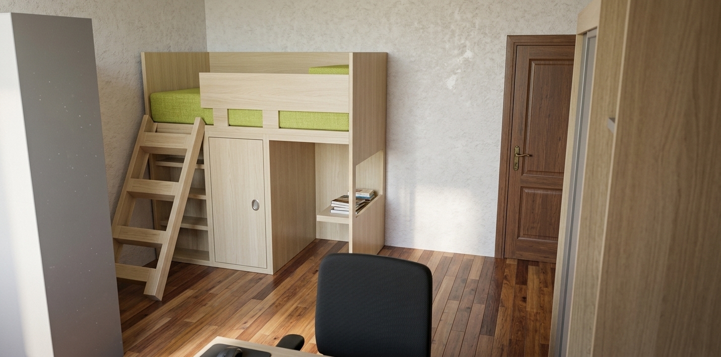 A realistic interior photograph capturing the identical bedroom layout under bright, clear midday spring sunlight. Soft, natural daylight illuminates the scene, casting gentle shadows across the pale wood loft bed structure, textured lime-green mattress fabric, and authentic wood-grain floorboards. The plaster walls show subtle matte texture, while the brown wooden door and foreground black chair feature natural surface sheens and micro-imperfections. Captured with balanced exposure, sharp focus, and realistic ambient lighting, perfectly preserving the original composition, materials, and geometry.