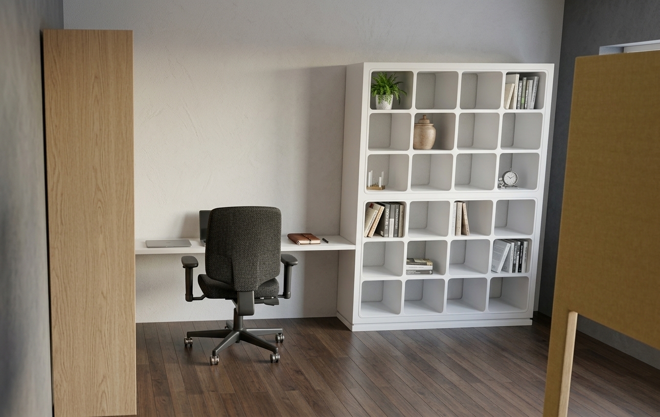 A photorealistic interior photograph preserving the exact room layout and composition, illuminated by crisp, natural spring midday daylight casting soft, realistic shadows. The textured back wall features authentic fine plaster finish, the wood partition and flooring show subtle natural grain, and the white grid bookcase exhibits a smooth, semi-matte surface housing detailed books, ceramic decor, and vibrant plant life. The black office chair is finished in realistic textured fabric and matte plastic. The scene is captured with a sharp 35mm lens perspective, neutral color balance, subtle ambient light bounce, and natural depth of field.