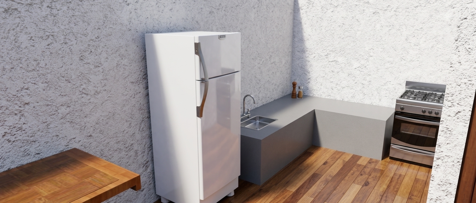 A crisp architectural photograph capturing the kitchen scene under bright, neutral midday spring sunlight, maintaining the exact layout, geometry, and wide-angle perspective. Natural daylight floods the room, highlighting the rough, tactile surface of the white stucco walls and the rich grain and satin finish of the wood plank flooring. The freestanding refrigerator features authentic white enameled reflections, while the matte solid-surface L-shaped counter and inset sink show subtle ambient occlusion and soft contact shadows. The gas stove in the corner displays realistic brushed metal burners and glossy glass accents. Shot on a 24mm lens at f/8, the image emphasizes clear springtime color balance, lifelike material textures, and soft indirect light bounces across the space.