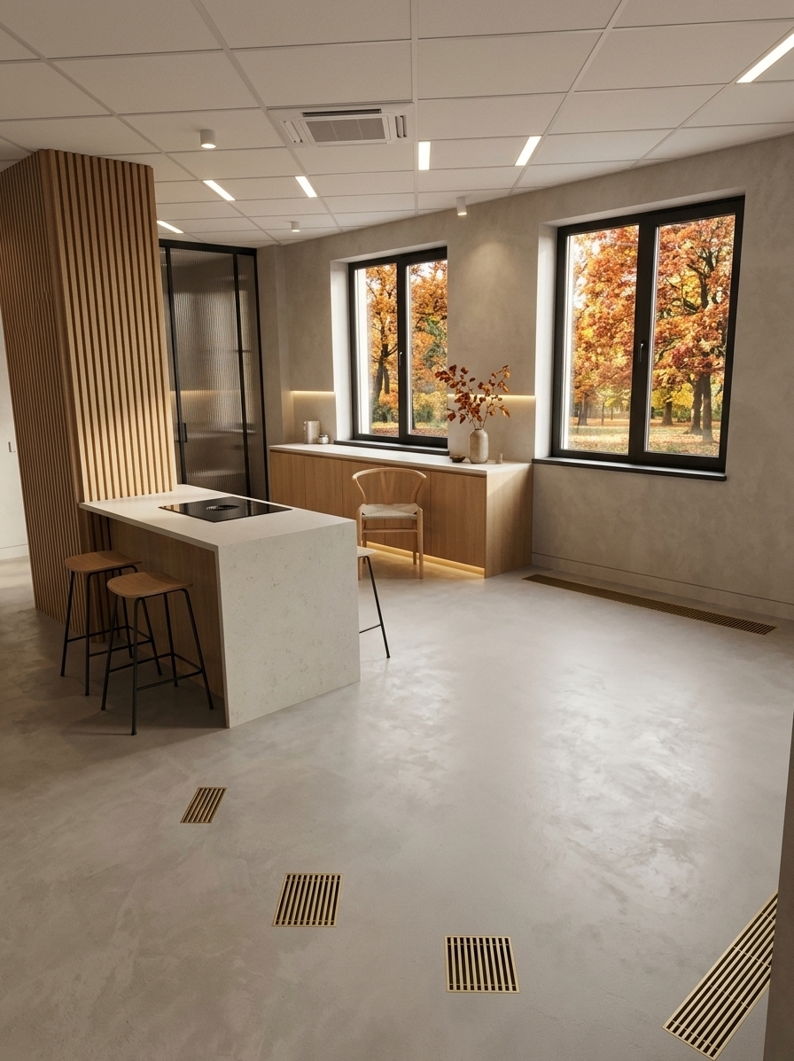 An incredibly lifelike, richly detailed, photorealistic wide-angle interior photograph of a minimalist kitchen and subtly partitioned bathroom set in a contemporary autumn apartment. The scene is illuminated by crisp, golden midday daylight streaming through large, clear double windows complemented by warm, recessed under-cabinet LED strips, creating a serene, inviting, and uncluttered atmosphere. Captured with a full-frame camera and a 24mm tilt-shift lens, emphasizing the tactile textures of matte oak cabinetry, honed micro-cement surfaces, seamless quartz countertops, and ribbed architectural glass. The previously vacant room is smartly reconfigured, turning the central column into an elegant design feature wrapped in vertical light-wood slats that anchors a sleek waterfall-edge kitchen island equipped with integrated induction elements and minimalist barstools. In the background, where the bare walls once stood, a refined floor-to-ceiling partition wall made of smoked reeded glass and matte black steel elegantly encloses a private, spa-like bathroom, preserving the flow of light while providing distinct zoning. Outside the windows, rich amber and scarlet autumn leaves glow against a crisp blue midday sky, contrasting beautifully with the apartment's muted neutral palette, clean lines, and thoughtfully curated, functional layout.