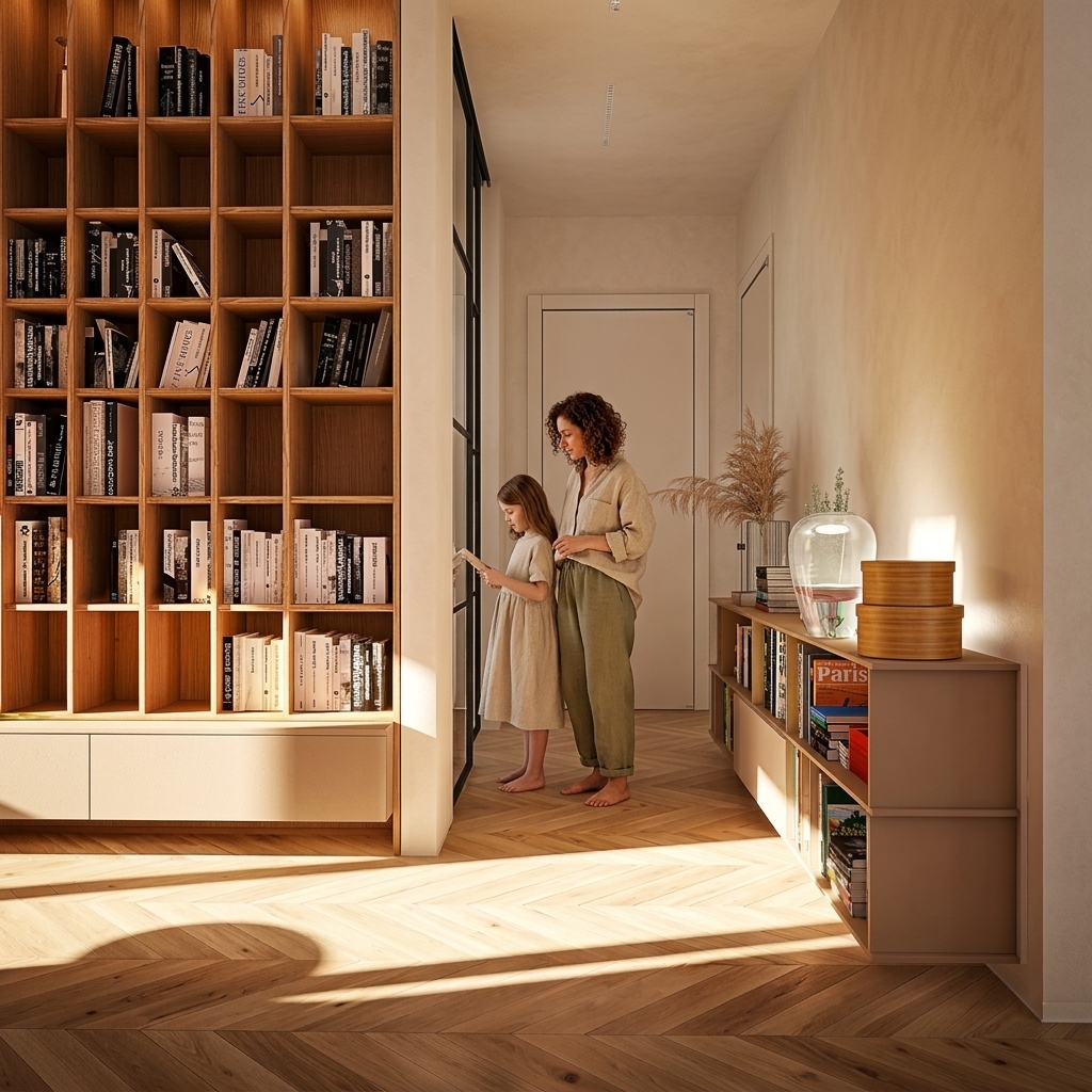 Transform this architectural interior render into an ultra-realistic architectural photograph, removing all overlay text and logos while preserving 100% of the original geometry, perspective, layout, and furniture. 

Preserve the full-height oak grid bookshelf, the low credenza on the right, the chevron wood flooring, the doorway at the end of the hall, and the black-framed glass partition.

Apply a refined Boho Japandi palette:
- Walls and ceiling: continuous, seamless warm oatmeal/creamy beige decorative mineral plaster (matte artisan finish, subtle tonal variation, no white ceiling).
- Low credenza cabinetry: ultra-matte sand beige finish, slightly darker than the walls for a monochromatic palette.
- Natural daylight: realistic warm sunbeam streaming across the chevron oak floor, physically accurate soft shadows, and warm ambient bounce.

Naturally integrate a modern family dressed in relaxed neutral linen clothing engaged in authentic hallway activity:
- Architecture remains the primary focus (family occupies only 10–15% visual weight, no staged poses, no looking at camera).
- A 35-year-old mother with curly brunette hair and an adjacent family member (father, 12-year-old son, or 10-year-old daughter) naturally browsing books on the tall shelving unit or calmly walking through the corridor.

Render with full-frame architectural photography realism, realistic material micro-textures (natural wood grain, powdery plaster, matte lacquer, paper book covers), and perfectly balanced dynamic range in the style of Architectural Digest.