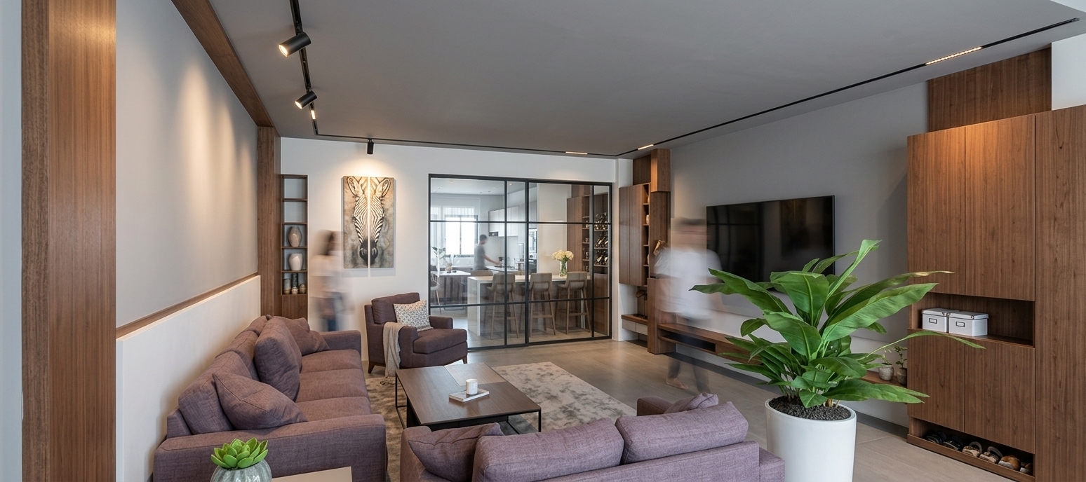 Professional architectural photograph preserving the exact composition, geometry, and layout of the interior scene. The lighting emphasizes a strong contrast between cool, diffused ambient light and warm, focused interior track lights, with no direct sunlight. Captured on a tripod with a one-second long exposure, faint, translucent motion-blurred human figures subtly move through the space. The flat ceiling and walls strictly match the reference image, rendered with natural textures, rich wood grain cabinetry, tactile upholstery on the sofas, authentic reflections on the glass partitions, and a clean, high-end photographic finish with fine grain.