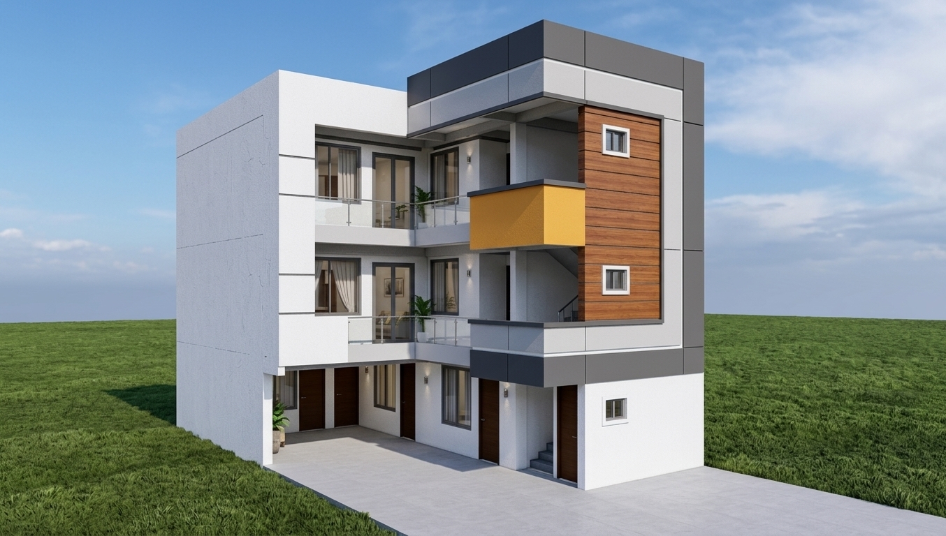 Architectural photograph of the modern multi-story residential building, perfectly preserving its geometry, layout, and perspective under crisp spring midday sunlight. Direct, overhead illumination casts defined natural shadows beneath balconies and exterior corridors. Surfaces showcase realistic physical micro-textures, featuring matte painted stucco, authentic horizontal wood cladding with subtle grain variation, reflective glass panes on railings and windows, and a paved concrete ground bordered by vibrant spring grass. Captured with a professional architectural tilt-shift lens, the image has clean dynamic range, sharp edge definition, and a faint photographic vignette.