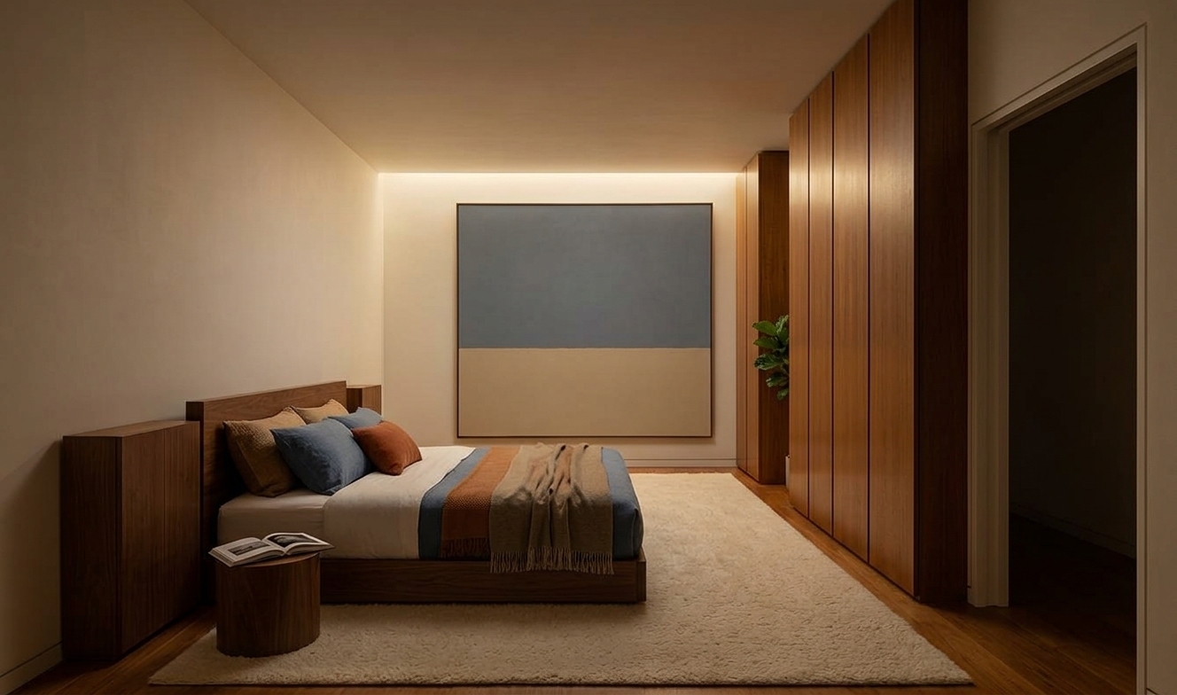 An incredibly lifelike, richly detailed, photorealistic wide-angle interior photograph of a mid-century modern bedroom set in a quiet home on a crisp autumn night. The scene is illuminated by warm, low-key ambient lighting that casts soft, elongated shadows, creating an intimate, cozy, and sophisticated atmosphere. Captured with a full-frame camera and a 24mm prime lens, emphasizing the rich, polished grain of the teak and walnut furniture, the soft weave of the textiles, and the immaculate, clutter-free surfaces. On the left, a low-profile walnut platform bed is dressed in crisp linens accented by comfortable throws in shades of muted blue, burnt orange, and warm earth tones, flanked by a cylindrical side table holding an open photography book. A large-scale abstract color-block canvas in muted slate and sandy beige commands the back wall, while sleek, floor-to-ceiling panel wardrobes define the right side with seamless, linear elegance. A plush, cream-colored wool rug anchors the hardwood floor, perfectly complementing the iconic, timeless mid-century aesthetic enriched by a discreet indoor plant tucked into the corner.