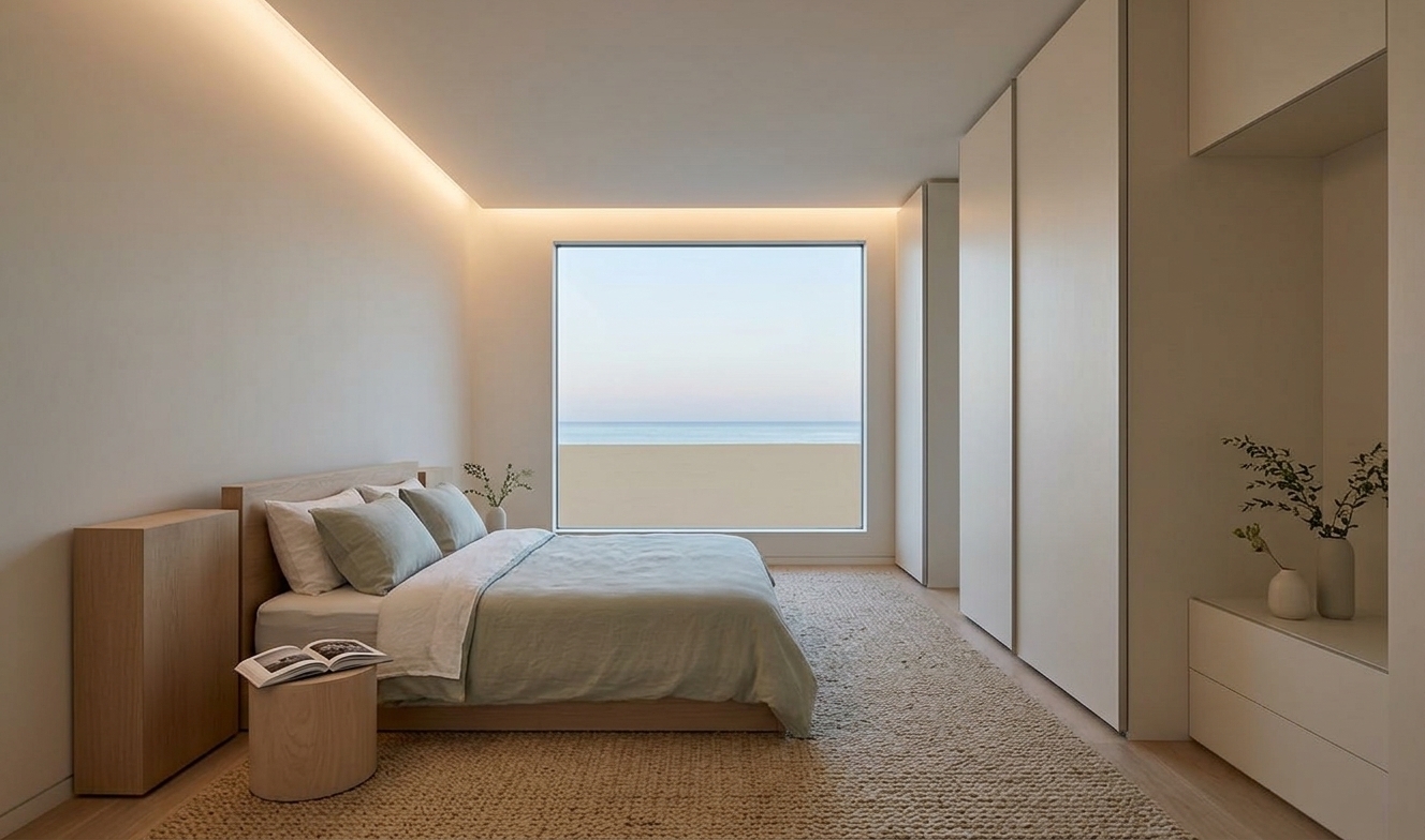 An incredibly lifelike, richly detailed, photorealistic wide-angle interior photograph of a tranquil Scandinavian bedroom sanctuary set in a contemporary coastal home on a clear summer night. The scene is illuminated by soft, cool moonlight drifting through the expansive center window and subtle, warm concealed cove lighting along the perimeter, creating an exquisitely serene, peaceful, and hygge-inspired atmosphere. Captured with a full-frame camera and a 24mm prime lens, emphasizing the tactile contrast between crisp organic linen bedding in muted shades of soft sage and white, sleek light-oak furniture, and the plush, woven texture of the expansive neutral area rug below. To the left, a low-profile platform bed rests gracefully beside a smooth, cylindrical pale-wood nightstand displaying an artfully placed open photography book, while the back wall features a large, frameless square picture window framing the twilight horizon and tranquil sky. On the right, seamless floor-to-ceiling closet doors in matte warm white and fine metal detailing add pure architectural symmetry, perfectly balanced by the airy spatial composition and delicate touches of understated greenery in minimalist ceramic vases.