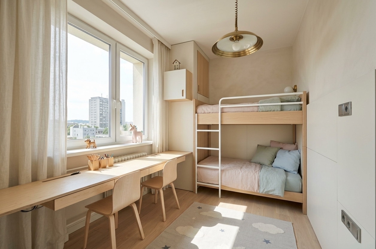 An incredibly lifelike, richly detailed, photorealistic wide-angle interior shot of a reimagined children’s bedroom set in a bright, modern city apartment. The scene is illuminated by crisp, natural midday sunlight streaming directly through the large window, creating a serene, airy, and focused minimalist haven atmosphere. Captured with a 24mm architectural lens, emphasizing smooth matte surfaces, warm natural timber, and clean geometric lines, the cramped layout is transformed into an efficient, uncluttered sanctuary. Replacing the low double bed in the alcove is a custom Scandinavian-style bunk bed crafted from pale blonde oak and white powder-coated metal, complete with integrated safety rails, a sleek vertical ladder, and neatly made up with soft linen bedding in muted pastels. Spanning gracefully under the window is a streamlined, floating birch study desk equipped with integrated cable management, ergonomic minimalist chairs, and organized pencil cups, allowing kids to study while enjoying city views. The outdated wall tiles and utility pipes are concealed behind seamless, smooth off-white acoustic paneling and warm plastered walls, complemented by light ash wood flooring, discreet concealed storage, and a soft, flat-weave wool rug that anchors the peaceful, functional design.