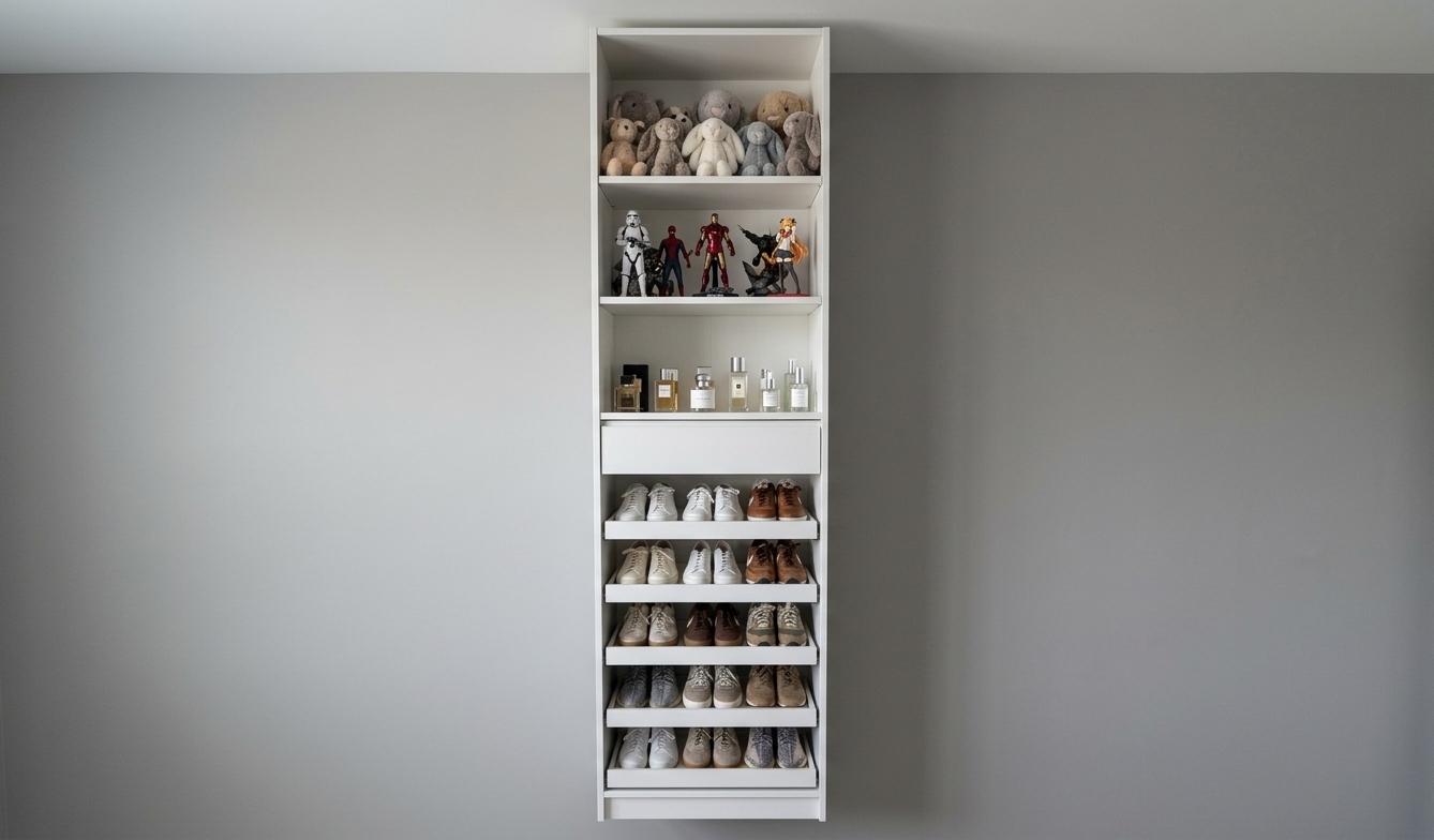 A straight-on, eye-level photograph of the tall white closet tower, perfectly preserving its geometry and framing under soft, natural indoor lighting. The top compartment contains soft plush toys, the second shelf features detailed collectible figurines, and the third shelf holds an array of glass perfume bottles and skincare cream containers with crisp specular highlights. Each of the five bottom sliding trays neatly displays three pairs of sneakers with realistic leather, knit, and rubber textures. Captured with a 50mm lens, subtle contact shadows, balanced neutral color temperature, and fine surface micro-textures throughout.