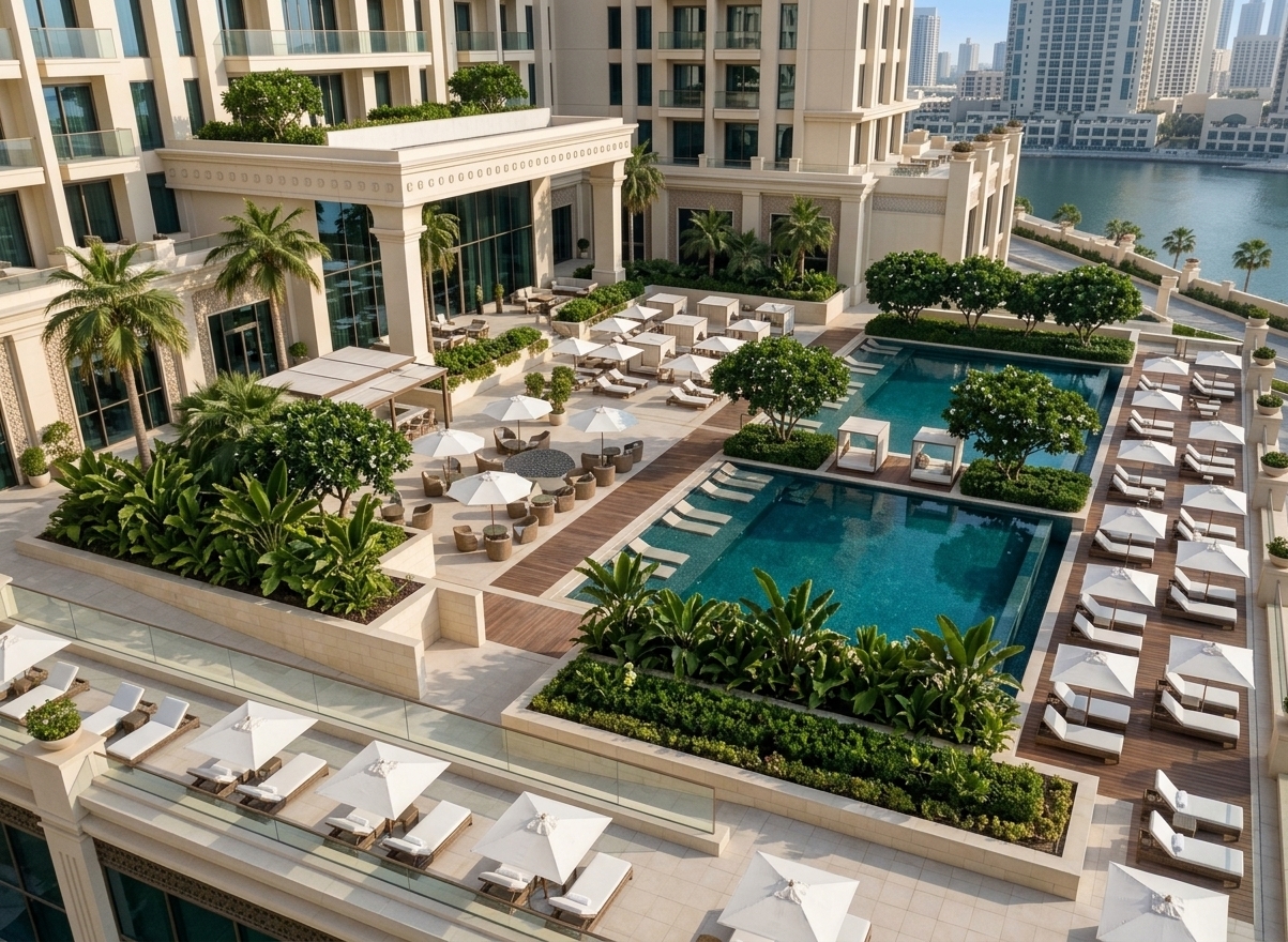 An incredibly lifelike, richly detailed, photorealistic landscape photo of an expansive outdoor pool area set in an opulent waterfront resort terrace brushed by a soft coastal breeze. The scene is illuminated by bright, clear natural daylight, creating an upscale, tranquil holiday atmosphere. Captured with a high-resolution wide-angle architectural lens, emphasizing the smooth cream-colored tile finishes on the planter boxes, lushly filled with thriving tropical shrubs and verdant trees that seamlessly blend with the multi-tiered turquoise swimming pools, refined wooden decking, crisp white sun umbrellas, and neoclassical resort architecture.