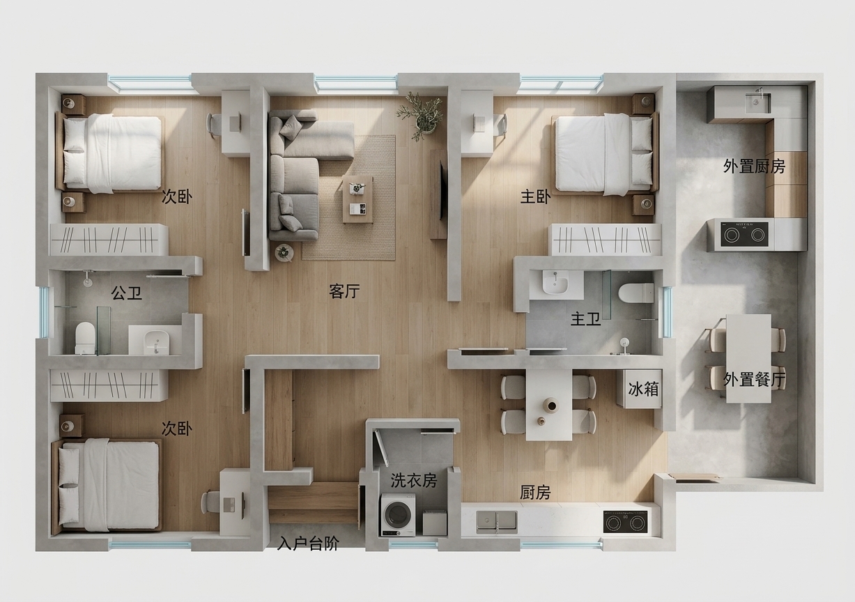 An incredibly lifelike, richly detailed, photorealistic wide-angle interior photograph of a minimalist living room set in an airy, modern apartment layout. The scene is illuminated by soft, diffuse daylight pouring in through generous windows, creating a serene, calm, and uncluttered atmosphere. Captured with a professional architectural camera and a crisp tilt-shift lens, emphasizing the smooth textures of micro-cement walls, light oak hardwood flooring, and sleek metal accents. At the center, a streamlined, low-profile sofa upholstered in muted gray linen rests against a pristine white wall accented with a subtle, monochromatic abstract canvas. A clutter-free wooden coffee table displays an open fine-art photography book alongside a solitary ceramic vessel, while a sculptural indoor plant in the corner introduces a touch of organic warmth, perfectly completing this elegant, Zen-inspired haven.