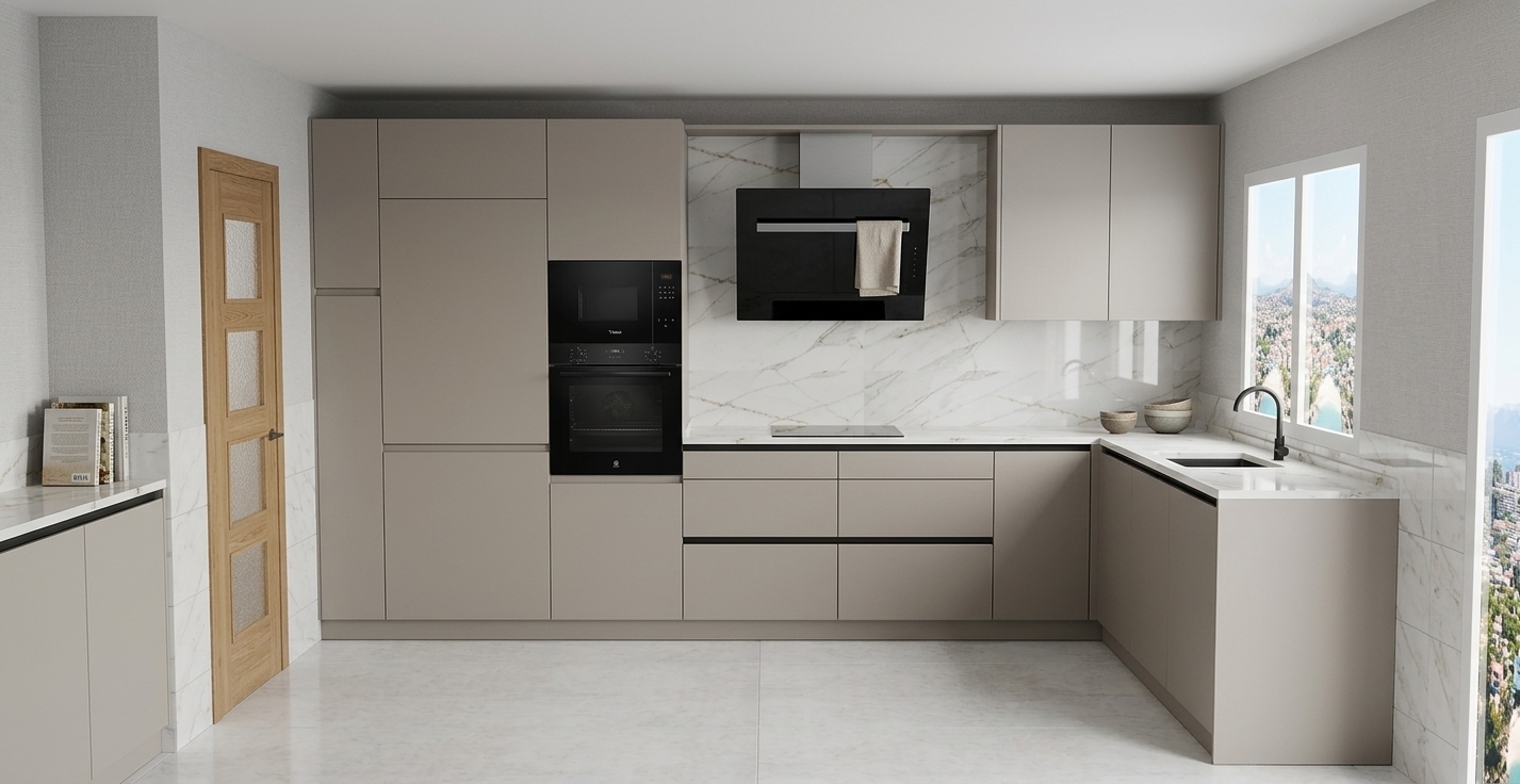 Professional architectural photograph of the modern kitchen, precisely maintaining the geometry, matte greige cabinetry, and perspective. Diffused daylight streams through the window, casting soft directional light and realistic ambient occlusion across the polished white marble backsplash and countertops. The black glass appliances and angled range hood feature subtle, authentic specular highlights and reflections. Captured with a sharp wide architectural lens, highlighting genuine material textures on the flat-panel cabinets, dark recessed channel grips, and light-toned tile floor with balanced dynamic range and natural neutral-warm color temperature.