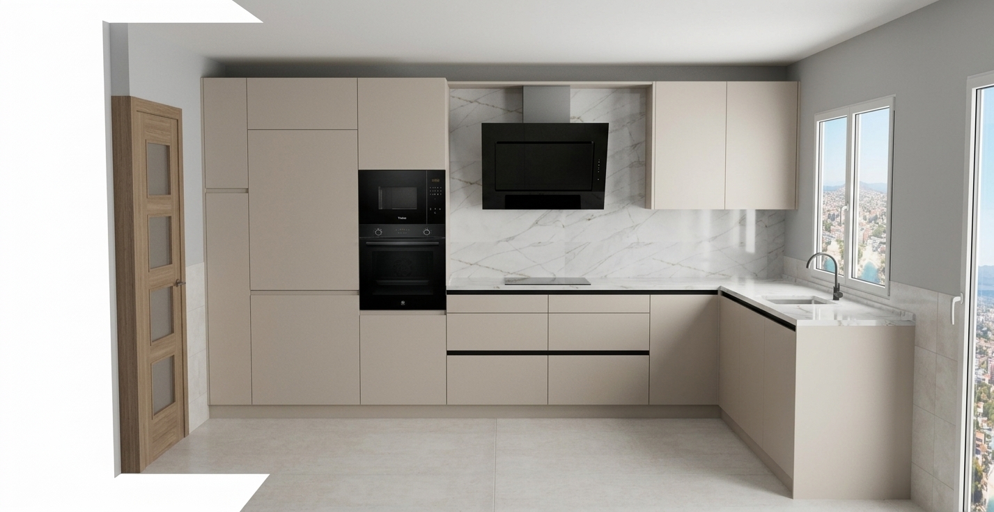 A realistic architectural interior photograph capturing the exact L-shaped kitchen layout, preserving all geometry, surfaces, and camera framing with authentic material physics. Crisp natural daylight streams through the side window, illuminating the smooth matte cream cabinet fronts, black recessed profile handles, and the glossy black glass surfaces of the integrated oven, microwave, and angled range hood. The white marble backsplash and countertops display subtle organic grey veining with realistic surface reflections and soft ambient occlusion. Render genuine micro-textures across the neutral floor tiles, fine wood grain on the interior door, clear glass window panels, and accurate metallic finishes on the black gooseneck faucet. Exposure is balanced with natural light falloff, gentle shadows, and sharp depth of field characteristic of a professional full-frame architectural lens.
