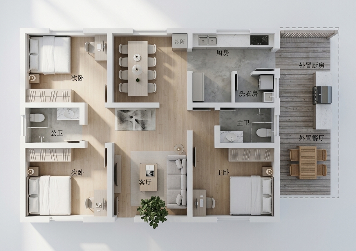 An incredibly lifelike, richly detailed, photorealistic wide-angle interior photograph of a sunlit living room set in a modern, minimalist apartment. The scene is illuminated by soft, diffused natural daylight pouring through clean-lined floor-to-ceiling windows, creating a serene, calm, and uncluttered atmosphere. Captured with a full-frame camera mounted with a 24mm tilt-shift lens, emphasizing the fine grain of light-toned hardwood flooring, polished concrete accents, and pristine matte white walls. A streamlined, tailored sofa upholstered in pale heather-gray fabric anchors the open living space, accented by a low-profile coffee table crafted from pale oak and matte black metal, topped only by a singular curated photography book. Subtle abstract wall art in muted monochromatic washes and faint pastel tones hangs gracefully above the sofa, while a sculptural indoor ficus in a textured ceramic pot adds a touch of organic warmth, maintaining entirely clutter-free surfaces and an elegant, Zen-inspired flow that connects seamlessly toward the adjacent dining space.