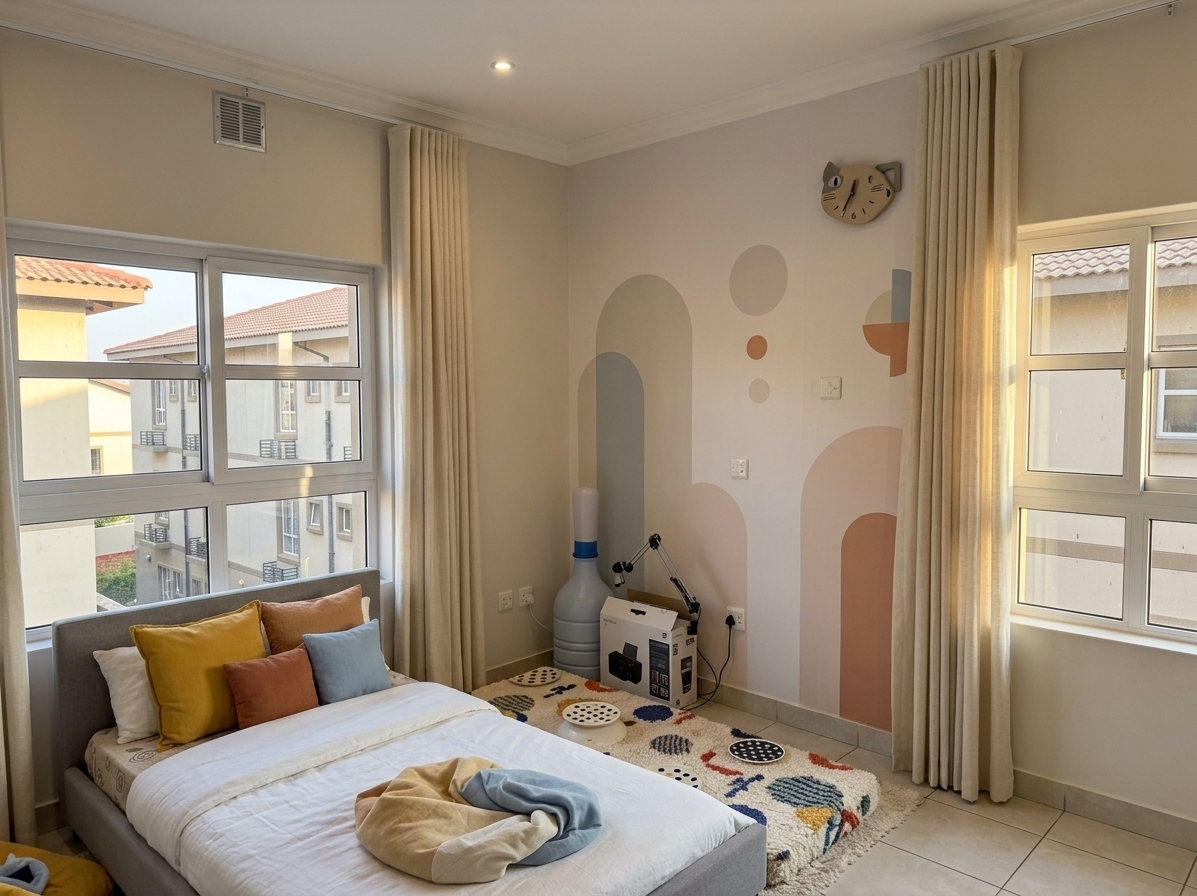 An incredibly lifelike, richly detailed, photorealistic wide-angle interior shot of a vibrant yet clean shared children’s bedroom set in a bright modern home. The scene is illuminated by cheerful afternoon sunlight pouring through the dual casement windows, creating a warm, playful, and uplifting atmosphere. Captured with a 24mm f/2.8 lens, emphasizing woven textile textures, plush wool fibers, and smooth matte architectural finishes, the redesigned space centers on a modern, dual-sleeping arrangement featuring tailored dove-grey upholstered frames dressed in crisp white linen duvets and accented with sunny mustard-yellow, terracotta, and soft sky-blue cushions to delight both a boy and a girl. Behind the beds, the plain walls are energized by an exciting, minimalist Scandinavian wall mural featuring soft geometric arches and playful forms, while elegant floor-to-ceiling linen curtains frame the windows to add height and softness. Anchoring the layout, a thick, plush high-pile rug with a vibrant, abstract motif covers the floor, turning the room into an imaginative, organized, and cozy minimalist haven.