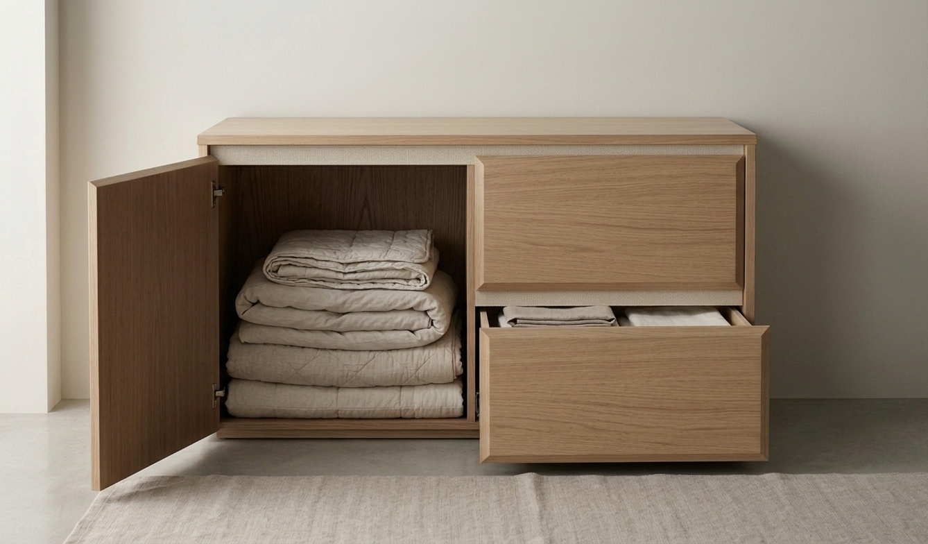 A photorealistic interior shot preserving the exact camera position, framing, and light oak credenza against the warm neutral wall and linen rug. The left cabinet door swings open cleanly, revealing neatly stacked, folded fabric duvets and quilted bedspreads with realistic textile weave and soft creasing. The lower right drawer is pulled open slightly forward, exposing folded linen and cotton bedsheets inside. Soft, natural daylight enters from the left window, casting gentle directional shadows inside the open compartments and across the wood grain, captured with a sharp 50mm lens, authentic micro-textures on the fabric and oak veneer, delicate lens vignetting, and subtle sensor grain.