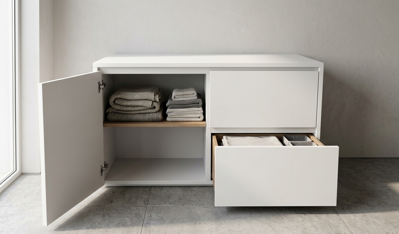 A clean eye-level photograph maintaining the exact perspective and proportions of the minimalist sideboard, crafted from smooth matte white melamine with crisp edge banding. The left cabinet door is swung open to reveal neatly folded, thick textured quilts and duvets stacked on the interior shelf, while the bottom right drawer is pulled open displaying folded soft cotton sheets inside, leaving the upper drawer closed. Soft, natural side daylight illuminates the piece, creating gentle interior shadows, realistic fabric weave micro-textures, and subtle ambient highlights along the pristine white surfaces.