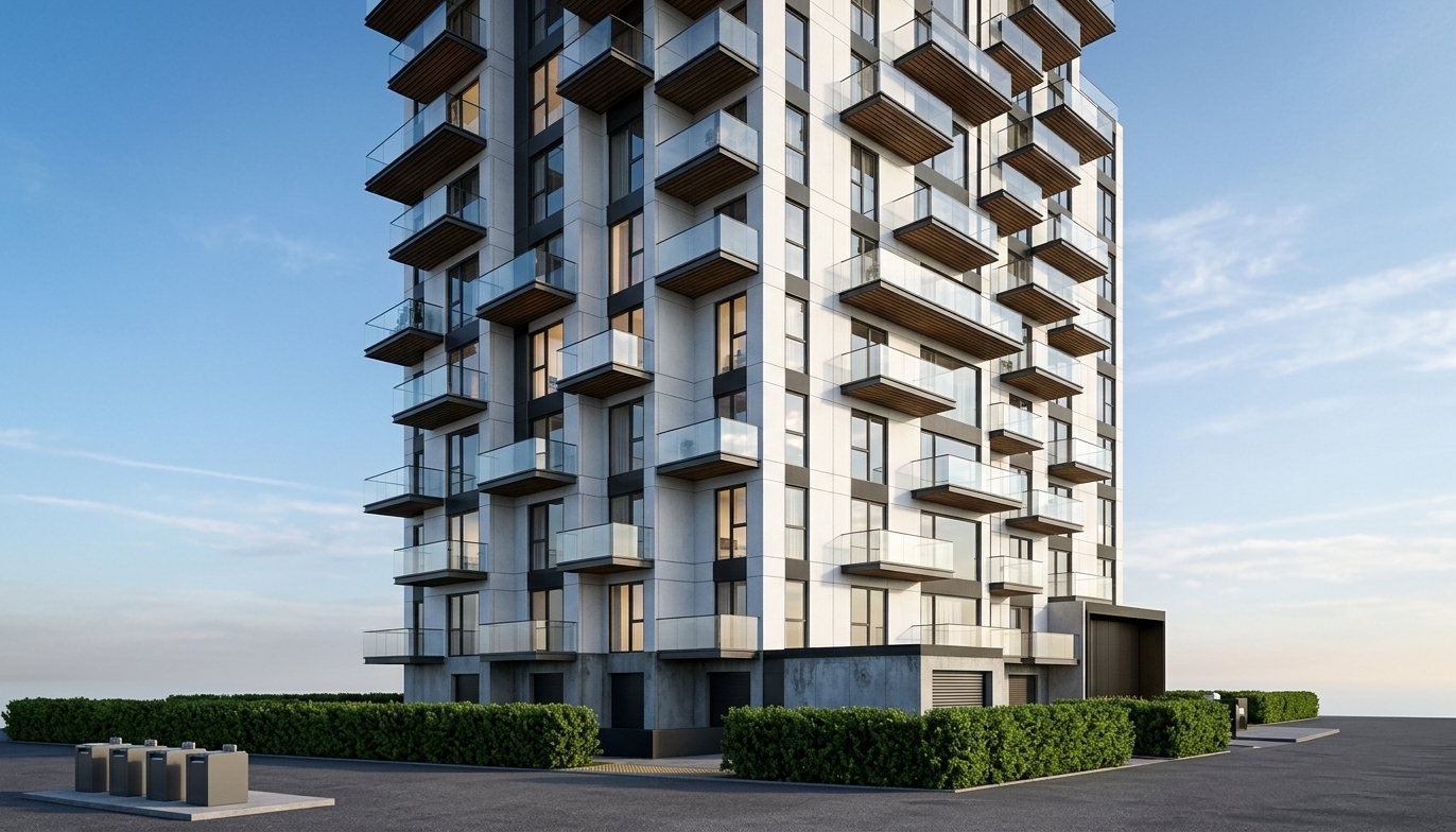 A crisp daytime architectural photograph capturing the exact structure, dynamic perspective, and composition of the modern residential tower. The building’s facade features textured concrete in varied tones, clean white metal panels, subtle red brick accents, and warm timber soffit slats beneath cantilevered balconies with sleek glass railings. Soft natural daylight casts geometric shadows across the surfaces, balanced by inviting warm light glowing from within select apartments. Balconies feature natural touches of potted flowers and subtle resident silhouettes, while the ground-level blocks translate into manicured green hedges and ornamental landscaping. Shot on a professional tilt-shift lens, the image displays natural reflections across the glazing, micro-textures on cladding, and balanced exposure without altering the original geometry.