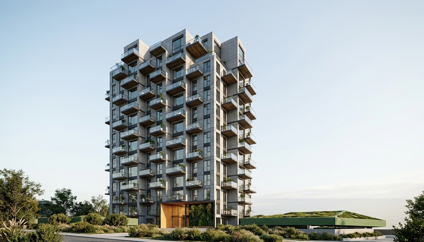 An architectural photograph capturing the multi-story modern residential building in crisp daytime light, preserving the exact geometry, perspective, and composition. The facade exhibits photorealistic multi-tone concrete finishes, clean white metal panels, subtle red brick accents, and rich wooden lamellas beneath balconies with sleek dark window frames and clear glass railings. Lush potted plants, flowers, and occasional residents dot the balconies, while warm ambient light softly glows from within select apartments to contrast the daylight. The ground plane integrates realistic pine trees and ornamental grasses under natural sunlight with sharp geometric cast shadows, captured through a clean architectural lens with accurate glass reflections, balanced dynamic range, and faint photographic grain.