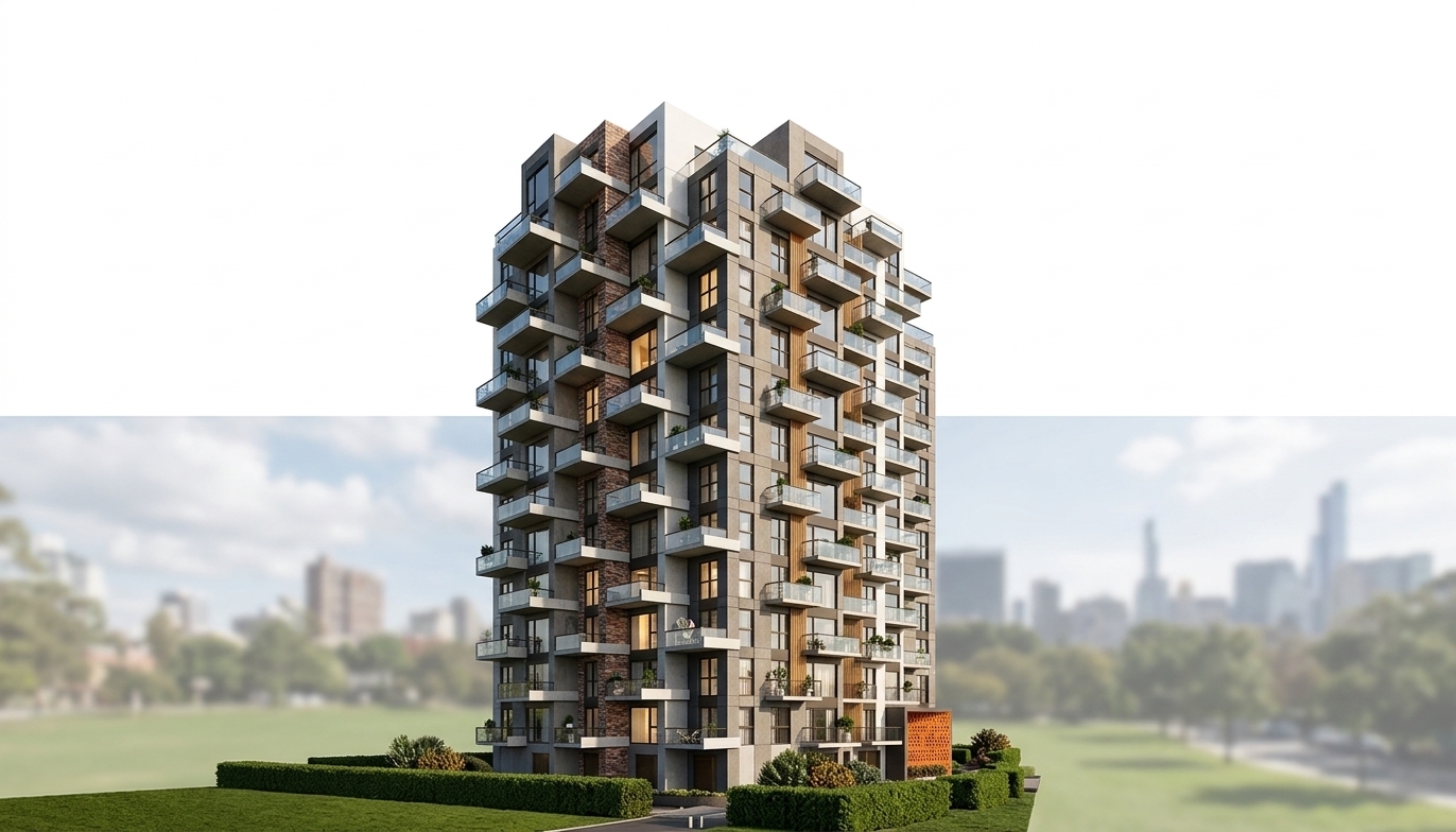 A crisp architectural photograph capturing the modern residential tower from the exact dynamic perspective, illuminated by natural daytime sunlight balanced by warm ambient interior lights glowing through the windows. The facade showcases textured multi-toned concrete panels, clean white metal cladding, warm red brick insets, and natural timber battens, offset by sleek dark window frames and transparent glass balcony railings reflecting the sky. Subtle touches of life appear via small potted plants and casual resident figures on select balconies, while the base perimeter features manicured green hedges and ornamental foliage. Captured with a sharp architectural lens, the image emphasizes clean material textures, gentle natural shadows, and realistic lighting dynamics without altering the building geometry or framing.