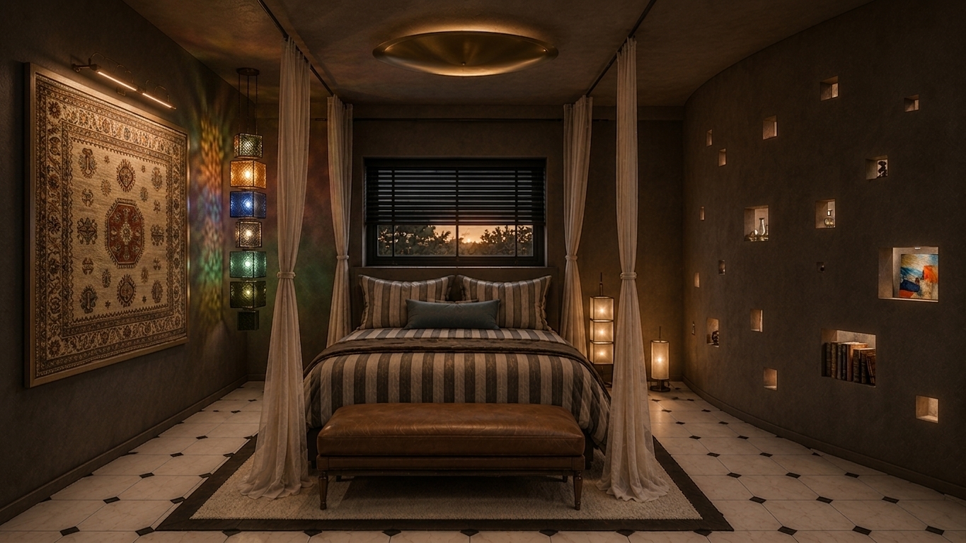 Architectural photograph shot on a 35mm lens capturing the bedroom in warm evening light, keeping the exact composition, perspective, and framing. The smooth curved plaster wall on the right features open, unglazed square and rectangular geometric cutouts casting warm, soft amber illumination from a living room chandelier beyond. On the left wall, the woven tapestry features rich, vibrant pigments illuminated by the overhead brass picture light. The vertical pendant lamp suspended in the left corner features stacked translucent glass blocks tinted in soft blue, beige, white, and sage green, hanging clear of the walls. Authentic textures show in the soft linen bed drapery, striped bedding, supple leather bench with gentle creasing, and natural reflections across the tiled floor, balanced with subtle photographic grain and realistic shadow falloff.