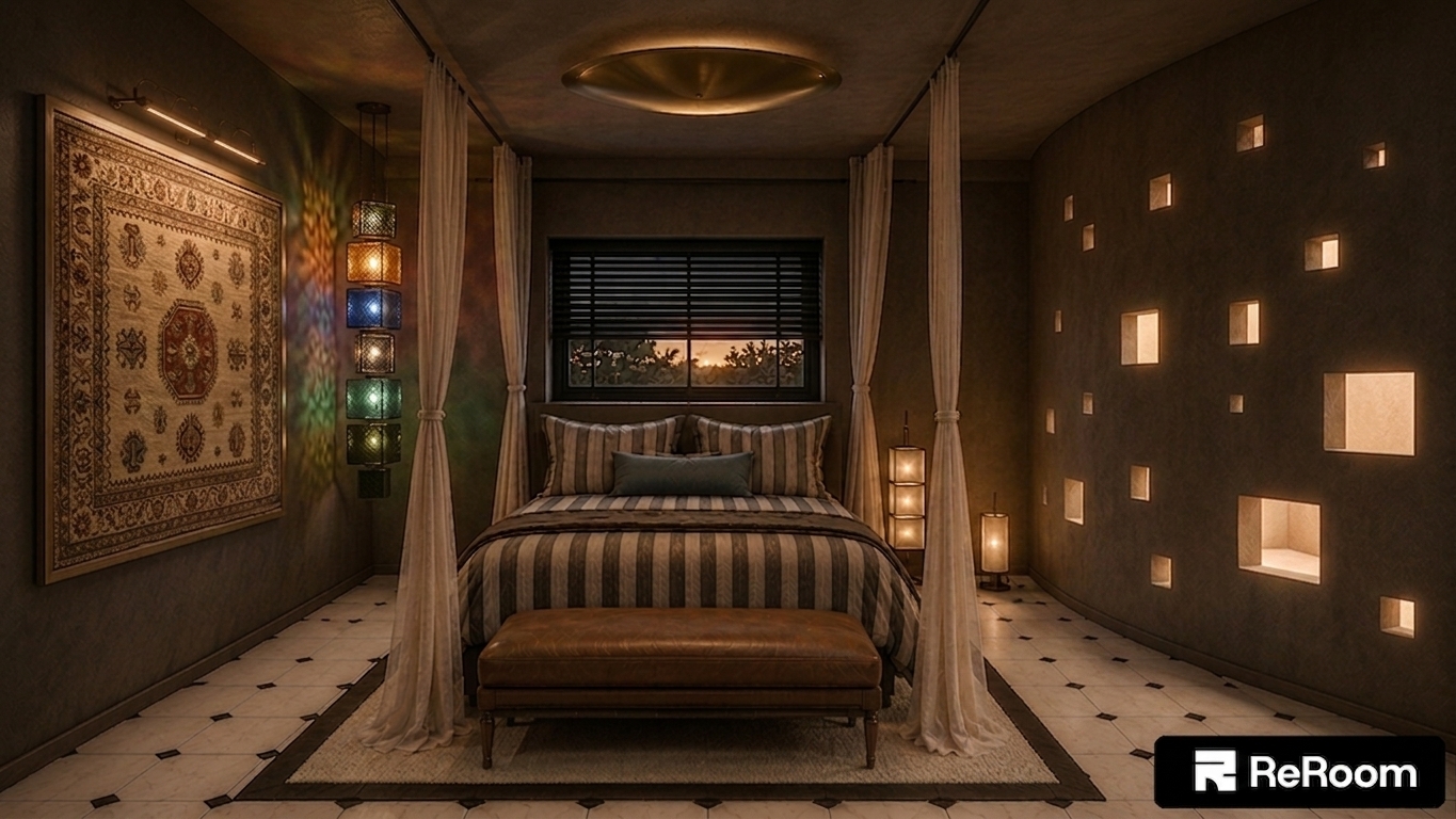 A realistic interior photograph maintaining the exact camera position, framing, and composition of the bedroom, where the square niches on the textured right wall are now empty pass-through openings casting soft, warm light into the space from an adjoining room. The room is warmly lit with ambient dusk light filtering through the central window blinds, colorful caustic highlights reflecting from the hanging stained glass lantern on the left, and subtle illumination on the framed tapestry. The bed linens, leather bench, draped sheer fabric, and tiled floor display natural micro-textures, gentle fabric folds, and soft specular highlights, captured with a sharp wide lens, balanced contrast, and delicate photographic film grain.