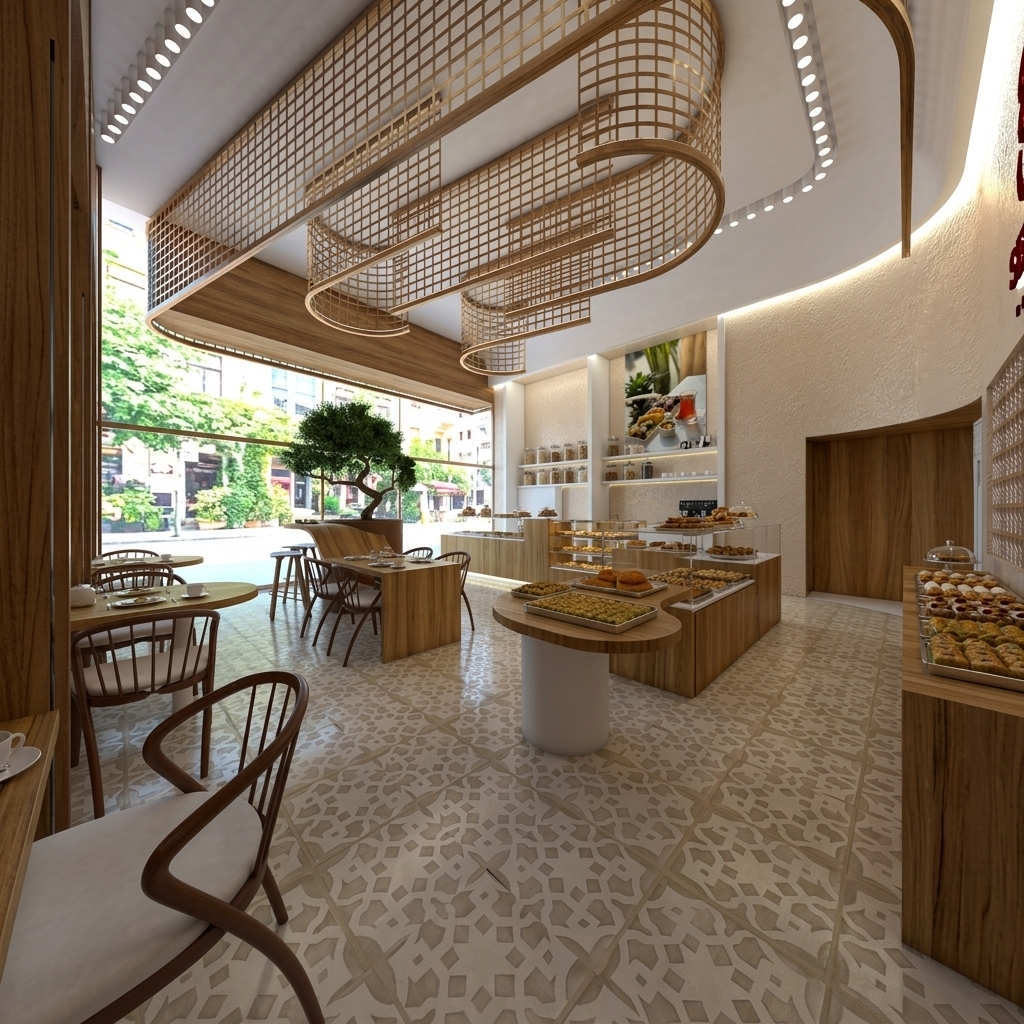 Architectural photograph of the modern café-patisserie interior, preserving the exact layout, camera angle, and warm wood finishes. The glass display cases contain arranged trays of glistening baklava and assorted fresh pastries illuminated by integrated counter lighting. The bright panoramic window displays soft, balanced natural daylight with subtle exterior depth rather than pure white blowout. Natural illumination blends with the warm recessed ceiling spots and indirect cove lighting, casting gentle shadows across the patterned tiled floor and highlighting the authentic matte grain on wooden surfaces, fine plaster wall textures, and natural glass reflections.
