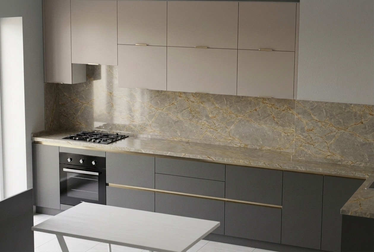 Interior architectural photograph of the kitchen preserving the exact composition and geometry, featuring the countertop seamlessly matched to the backsplash in polished sandy-gray stone with subtle golden veins. Soft, natural daylight from the left window illuminates the scene, creating authentic highlights across the stone surfaces, brushed brass channel handles, and matte dark gray and taupe cabinetry. Captured with a 35mm lens, showcasing fine surface micro-textures, realistic ambient shadows, subtle reflections on the oven glass, and balanced photographic grain.