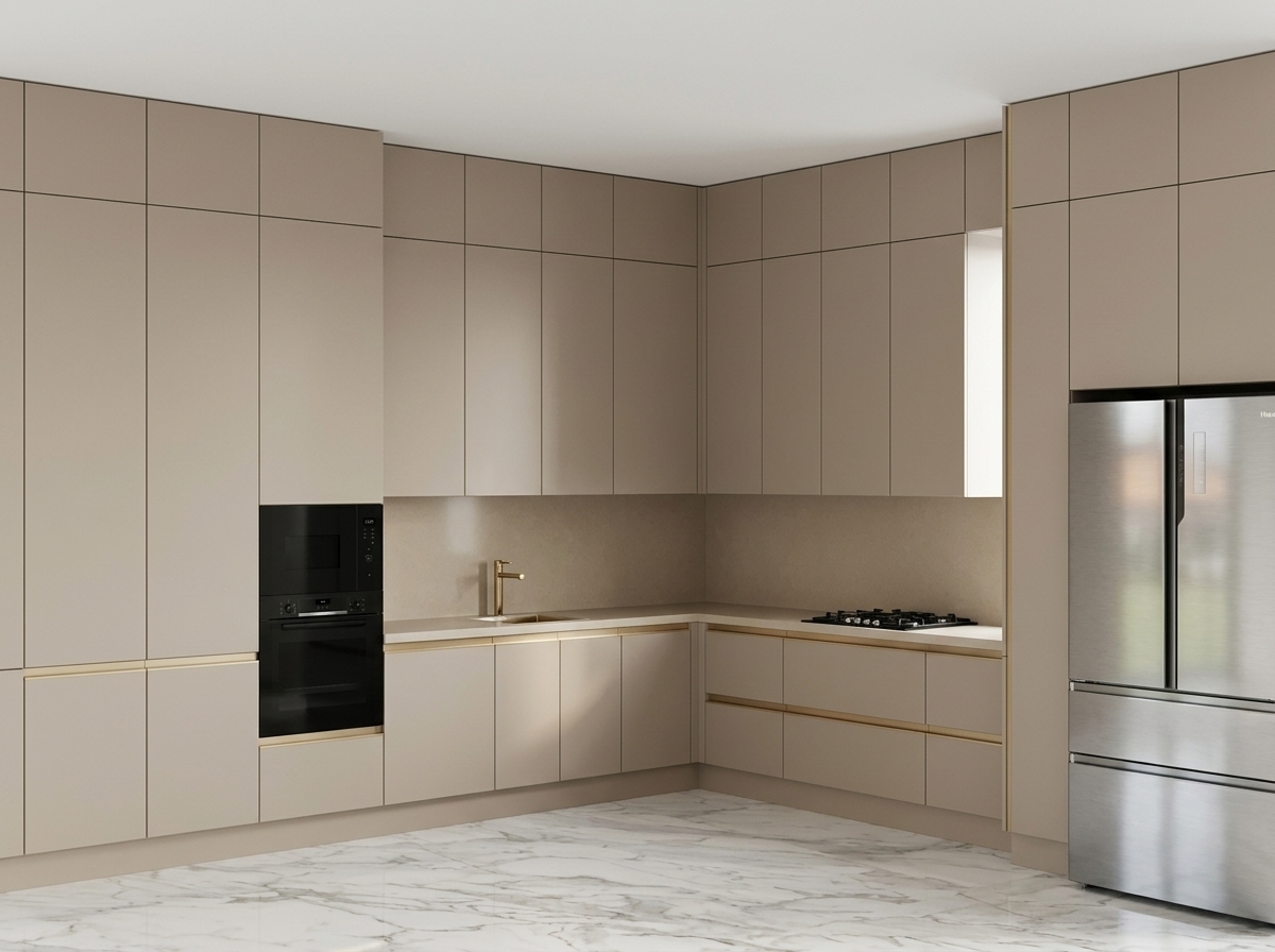 Transform this 3D architectural kitchen rendering into a photorealistic interior photograph. Remove all black outlines and CAD lines. Render smooth, matte taupe-beige cabinet fronts with subtle, realistic panel gaps and recessed gold profile handles. Show realistic textures for the glossy white marble flooring with grey veining, matte beige backsplash and countertops, and polished stainless steel refrigerator. Integrate a realistic built-in black glass oven, black gas cooktop, and brass faucet. Add soft, natural ambient lighting with realistic reflections and subtle shadows throughout the room.