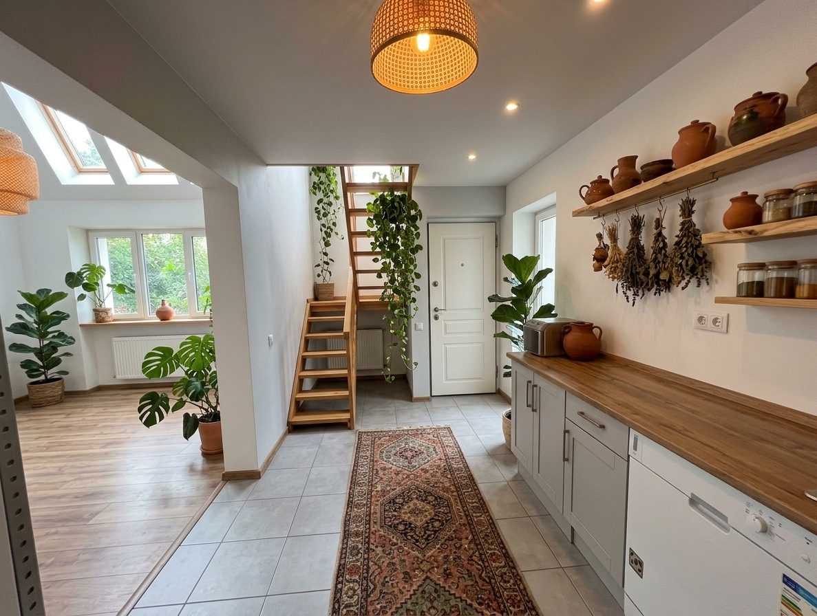 An incredibly lifelike, richly detailed, photorealistic wide-angle interior photo of a bohemian oasis kitchen and entryway set in a luminous split-level home. The scene is illuminated by soft, golden late-afternoon sunlight streaming from the adjacent living room windows, complemented by warm woven rattan pendants overhead, creating a relaxed, earthy, and soulfully welcoming atmosphere. Captured with a 24mm wide-angle lens, emphasizing tactile textures, natural fibers, and lush foliage, the original kitchen counter and base cabinetry are retained as specified, now styled with handcrafted ceramic canisters, olive wood boards, and earthy stoneware. Beneath the open wooden staircase, an abundance of thriving potted plants—like monstera and fiddle-leaf figs—creates an indoor jungle vignette, while a long, faded vintage kilim runner stretches across the tiled hallway to inject warmth, color, and eclectic bohemian charm throughout the space.