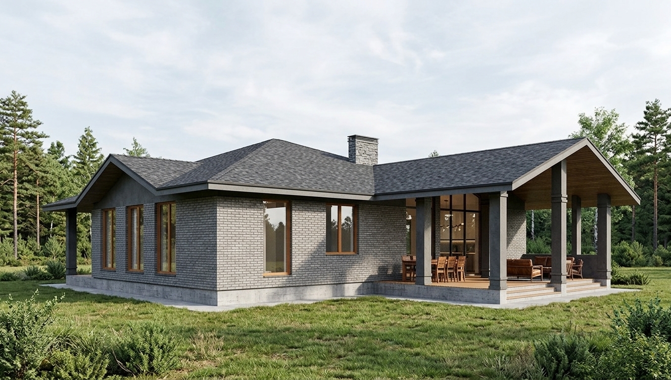 A crisp, eye-level architectural photograph preserving the exact structure, angle, and perspective of the single-story modern house under soft daylight with a few scattered clouds. The exterior walls are finished in realistic warm-gray clinker brick with textured mortar joints, while the roof features granular, matte dark-gray asphalt shingles. Natural reflections appear in the glazed windows and covered patio glass. The ground plane is landscaped with a neat green lawn and subtle perimeter shrubs, backed by a lush mixed forest of deciduous and pine trees beneath a realistic, slightly overcast sky, captured with a sharp wide-angle lens, balanced natural exposure, and gentle atmospheric depth.