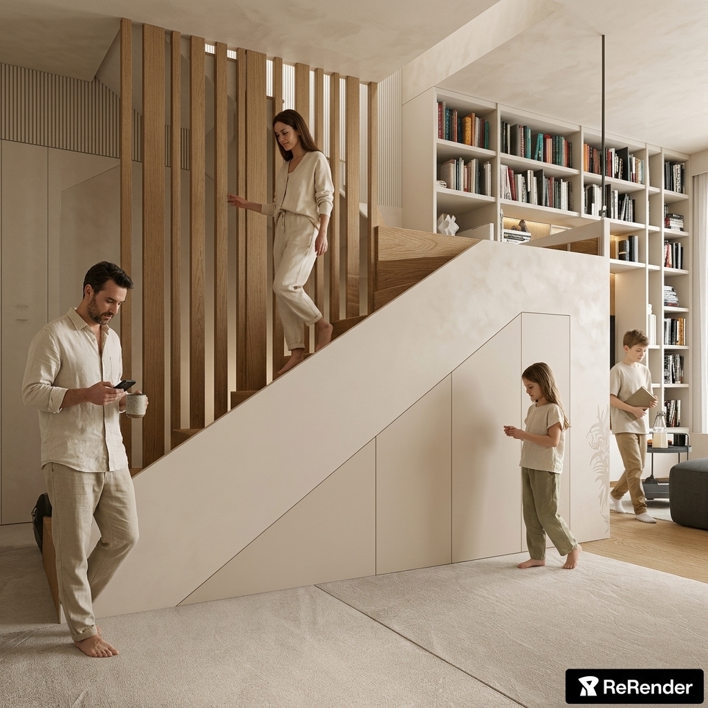 Transform this image into an ultra-realistic architectural photograph while preserving 100% of the existing geometry, layout, perspective, and architectural details, including the staircase, vertical wood slat screen, under-stair storage millwork, and background bookshelf.

Apply a refined Boho Japandi aesthetic:
- Walls and ceiling: Render as a single, continuous surface in a soft, powdery matte mineral plaster finish inspired by Jeger Shabby Chic Fluff/Bloom (warm creamy beige, oatmeal, limestone tone) with subtle cloud-like tonal variation.
- Under-stair cabinet fronts: Finish in an ultra-matte lacquer in a warm sand beige tone from the same color family, approximately 5–10% darker than the walls, preserving all seams, reveals, and push-latch millwork divisions.
- Materials: Enhance all surfaces with physically accurate textures—natural oak grain on the stair treads and vertical balusters, realistic soft carpet texture on the floor, and clean edges.
- Lighting: Natural, soft daylight entering the space with authentic global illumination, gentle light falloff, and realistic ambient shadows.

Integrate a family of four naturally into the space as candid residents:
- A mother (brunette, 35), father (brunette, 42), son (12), and daughter (10), dressed in relaxed, high-end neutral linen clothing (cream, oat, beige, soft olive).
- Position them organically within the circulation space around the stairs and living area in quiet, unposed everyday moments (e.g., walking up/down the stairs, passing through the hallway, or pausing nearby).
- Ensure the people occupy only 10–15% of visual focus, keeping the architecture and joinery as the primary subject. 

Render as a published architectural lifestyle photograph with realistic lens depth, authentic dynamic range, and no CGI artifacts.