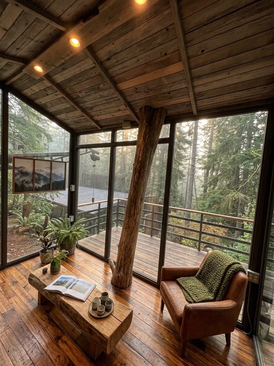An incredibly lifelike, richly detailed, photorealistic wide-angle interior shot of a rustic, cozy living room set in an elevated alpine mountain escape. The scene is illuminated by warm, late-afternoon sunlight filtering softly through full-height glass walls, complemented by glowing amber ceiling downlights, creating an inviting, tranquil, and deeply comfortable atmosphere. Captured with a Hasselblad H6D-100c and a 24mm wide-angle lens, emphasizing the rich grain of polished reclaimed hardwood floors, tactile chunky-knit textiles, and the raw texture of the living tree trunk piercing through the ceiling as a natural architectural focal point. The reimagined space is styled in shades of deep moss greens, warm earthen browns, and soft neutrals, furnished with a deep-seated cognac leather armchair and a sturdy, hand-hewn log coffee table displaying an open alpine photography book and artisanal ceramics. A framed triptych of mountain range wall art subtly graces the interior, while potted ferns and indoor foliage harmonize effortlessly with the panoramic views of the dense, misty pine forest outside, delivering the ultimate nestled cabin retreat.