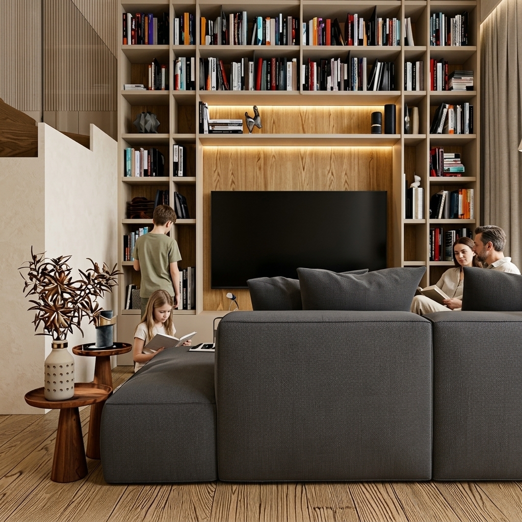 Transform this image into an ultra-realistic architectural photograph while preserving 100% of the existing geometry, architecture, furniture, framing, and composition.

# ARCHITECTURE & GEOMETRY PRESERVATION
Maintain the exact viewpoint, room proportions, large built-in bookshelf with integrated TV, wooden back-paneling, charcoal sectional sofa, round side tables, flooring, and decorative items. Do not redesign, relocate, or remove any structural or furniture elements.

# BOHO JAPANDI FINISHES
- Walls and Ceiling: Apply a continuous, powdery-matte decorative mineral plaster finish inspired by Jeger Shabby Chic Fluff/Bloom in a warm creamy beige, oatmeal, or soft greige. Walls and ceiling must share the exact same finish and tone without white borders or cold undertones.
- Millwork and Shelving: Update the white bookshelf frames to a matching ultra-matte lacquer in a warm sand beige, roughly 5–10% darker than the walls to maintain a cohesive, monochromatic Japandi palette. Preserve the natural warm wood back panel behind the TV.
- Materials: Enhance all physical textures—realistic woven upholstery on the dark gray sofa, authentic natural grain on the oak floor and wood accent panel, matte ceramic surfaces, and realistic paper/book bindings.

# FAMILY PRESENCE
Subtly integrate a four-member family (mother, father, 12-year-old son, 10-year-old daughter) naturally inhabiting this living room:
- Activity: Relaxed and spontaneous living room moments (e.g., quietly reading, conversing, or browsing books).
- Styling: Premium, relaxed linen and cotton clothing in muted neutral tones (oatmeal, sand, flax, soft olive). No logos or bright patterns.
- Integration: The people must occupy only 10–15% of visual attention, naturally placed around the sofa or shelving without blocking architectural focal points or looking directly at the camera.

# LIGHTING & PHOTOGRAPHY
- Lighting: Soft, balanced natural daylight with gentle light bounce and realistic contact shadows; warm integrated LED shelf backlighting remains soft and secondary.
- Camera Style: High-end architectural editorial aesthetic (Architectural Digest quality), crisp full-frame lens rendering, balanced dynamic range, natural skin tones, and zero CGI or over-processed appearance.
