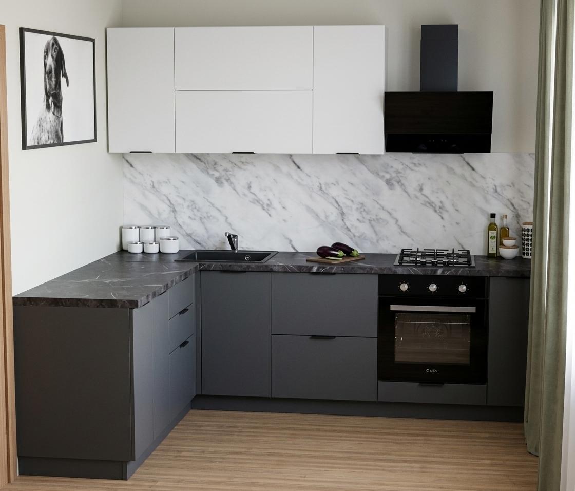 A crisp photograph captured with a 35mm lens in soft daylight, preserving the exact geometry, colors, and layout. The scene emphasizes authentic material finishes, featuring a realistic matte texture on the dark gray lower and white upper cabinets, diffuse reflections across the polished dark marble countertop and white marble backsplash, and natural wood grain on the floor. Accents of gloss appear on the black glass oven and range hood, grounded by subtle ambient contact shadows, true-to-life color fidelity, and natural exposure.
