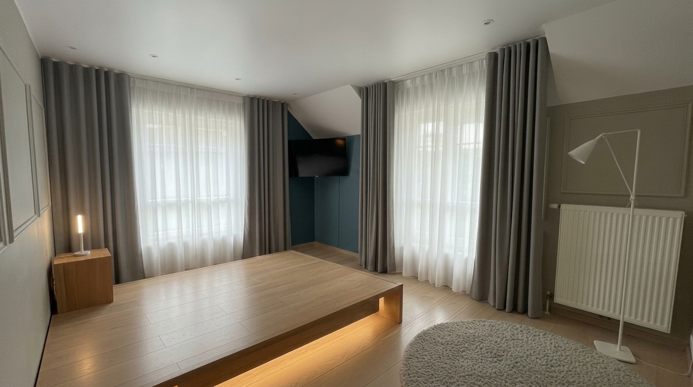 In this bedroom image, remove the wooden chest of drawers located beneath the wall-mounted television in the corner, cleanly extending the wall and flooring behind it. Also remove the wooden headboard panel standing upright along the left side of the platform bed frame, leaving the bed base neatly finished and revealing the lower section of the wall behind it. Ensure the lighting, flooring, and wall colors seamlessly blend into the newly cleared spaces.