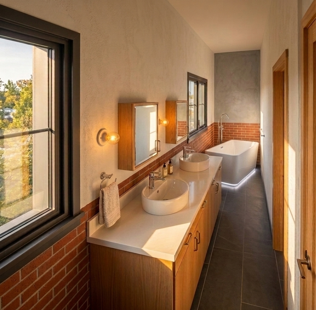 A realistic architectural photograph maintaining the exact camera angle, perspective, and warm late-afternoon sunlight of the original space. The far back wall is modified to match the side walls, featuring red face brick on the lower half and textured grey plaster on the upper half. In place of the clawfoot tub stands a sleek, contemporary white freestanding bathtub with smooth, matte ceramic finishes. Golden sunlight streams through the large window, casting soft directional shadows across the warm oak vanity, polished white countertop, and dark tiled floor. The shot exhibits authentic interior photography qualities, captured on a wide-angle lens with subtle exposure falloff, fine textural micro-details on the plaster and brick mortar, soft reflections on the chrome fixtures, and a natural, delicate film grain.