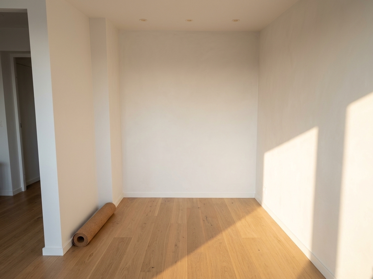 An incredibly lifelike, richly detailed, photorealistic eye-level interior perspective shot of an empty, meticulously transformed Scandinavian sanctuary yoga studio set in an intimate residential wellness alcove. The scene is illuminated by soft, golden morning sunlight raking diagonally across the floor paired with gentle, recessed 2700K ceiling downlights, creating a tranquil, grounded, and deeply restorative atmosphere. Captured with a full-frame mirrorless camera paired with a 24mm architectural tilt-shift lens at f/8, emphasizing the seamless matte chalk-white lime-wash walls and the warm, satin-finished natural white oak plank flooring. 

All previous clutter, shelving, and makeshift props have been completely eliminated to showcase the authentic, clean architectural structure. The full-height partition stands as a perfectly solid, flush 25 cm thick divider with zero niches or indentations, turning seamlessly into the flat 57 cm wall segment before continuing into the expansive 185 cm main wall. Rising to an uninterrupted ceiling height of 240 cm, the crisp, minimalist geometry emphasizes pure space and balanced proportions. A single rolled organic cork mat rests neatly along the edge of the smooth timber floor, turning this pristine, clutter-free architectural corner into a serene haven dedicated to mindfulness, movement, and light.
