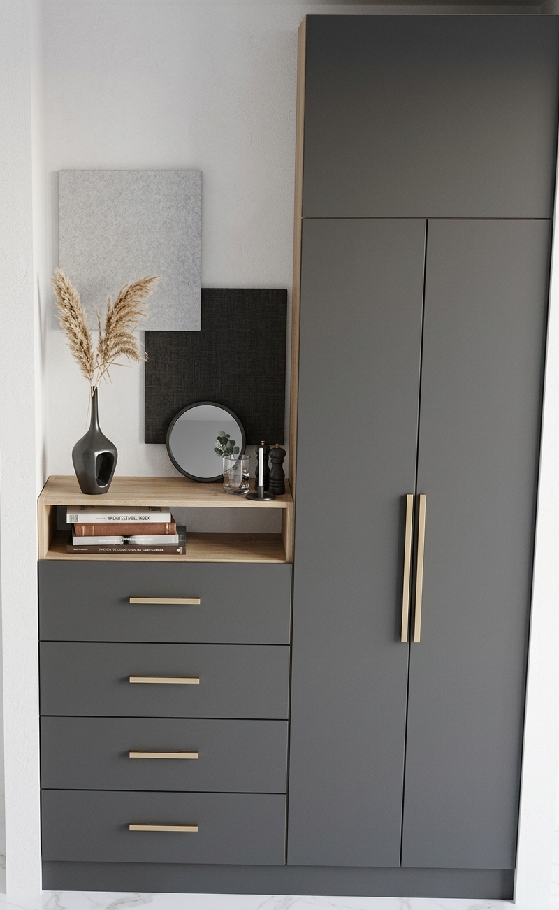 A crisp eye-level interior photograph of the exact modern built-in wardrobe composition, illuminated by bright, natural midday summer sunlight casting clean ambient highlights and soft dimensional shadows. The cabinetry features realistic matte charcoal finishes paired with fine natural wood grain on the open niche shelf and warm metallic handles. The styled accessories, including the dark ceramic vase with delicate dried pampas grass, stacked books, and transparent glassware, display authentic physical textures and subtle contact reflections, captured cleanly with a 50mm architectural lens in natural daylight.