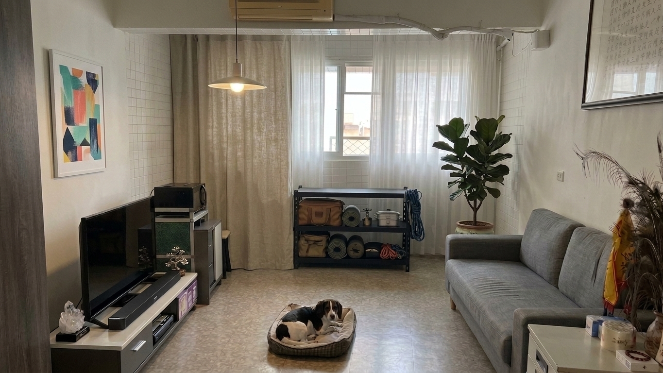 A realistic photograph of the modern, naturally lit living room taken at eye level with a 35mm lens, illuminated by soft morning light filtering through sheer curtains. Above the low-profile TV console on the left wall hangs a clean, vibrant art piece, while the rear left corner features the low black utility rack neatly concealed behind a textured beige linen drape. The beagle rests peacefully in its bed on the linoleum floor, framed by the gray fabric sofa and leafy indoor plant on the right. The image showcases balanced neutral tones, realistic material textures, subtle depth of field, and delicate film grain without digital over-processing.