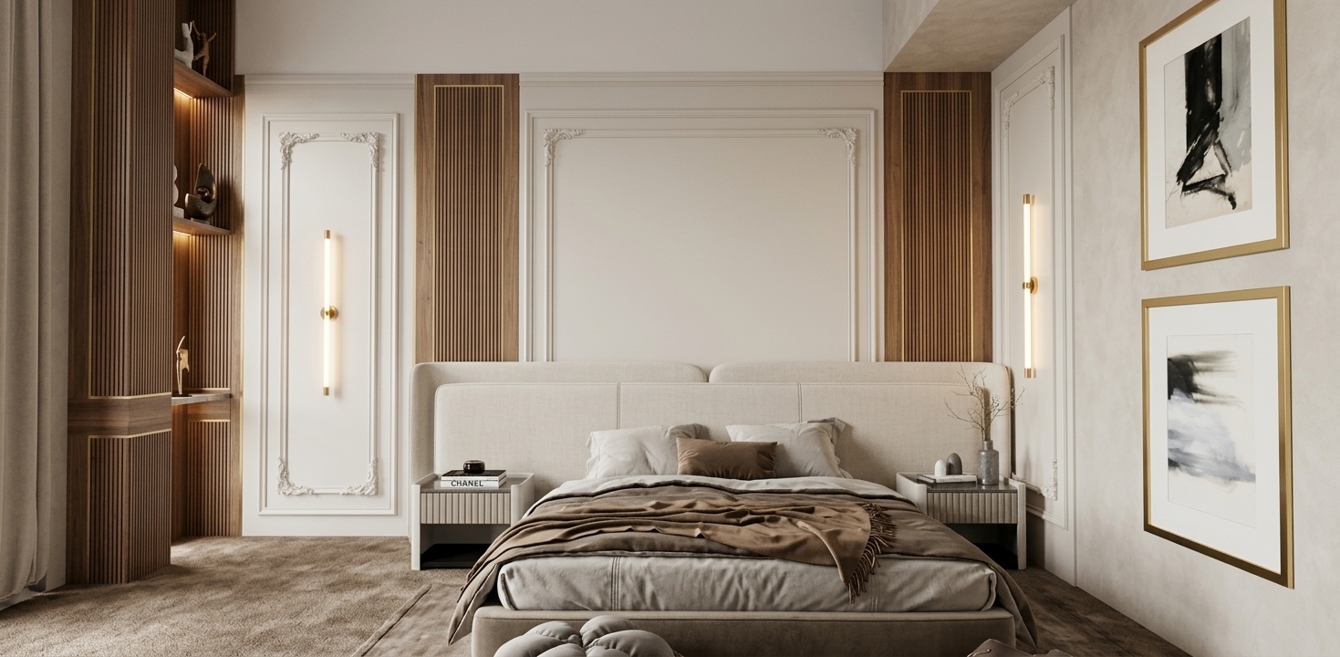 A straight-on interior photograph of this luxury bedroom, preserving the exact layout, geometry, and placement of the upholstered bed, fluted wall panels, ornate moldings, bedside tables, and wall art. Bathe the room in soft, warm artificial ambient lighting, with glowing integrated LED strips along the vertical fluted wall slats and illuminated slender brass sconces casting a gentle 2700K luminance. Real-world material finishes are finely rendered, including woven fabric textures on the layered duvet and throw pillows, smooth matte lacquered cabinetry, gold-leaf accents, delicate glass vases, and realistic plush carpeting underfoot. Photographed with a 50mm architectural lens, featuring balanced exposure, subtle depth of field, gentle contact shadows, and faint photographic grain for an authentic, high-end design photograph.