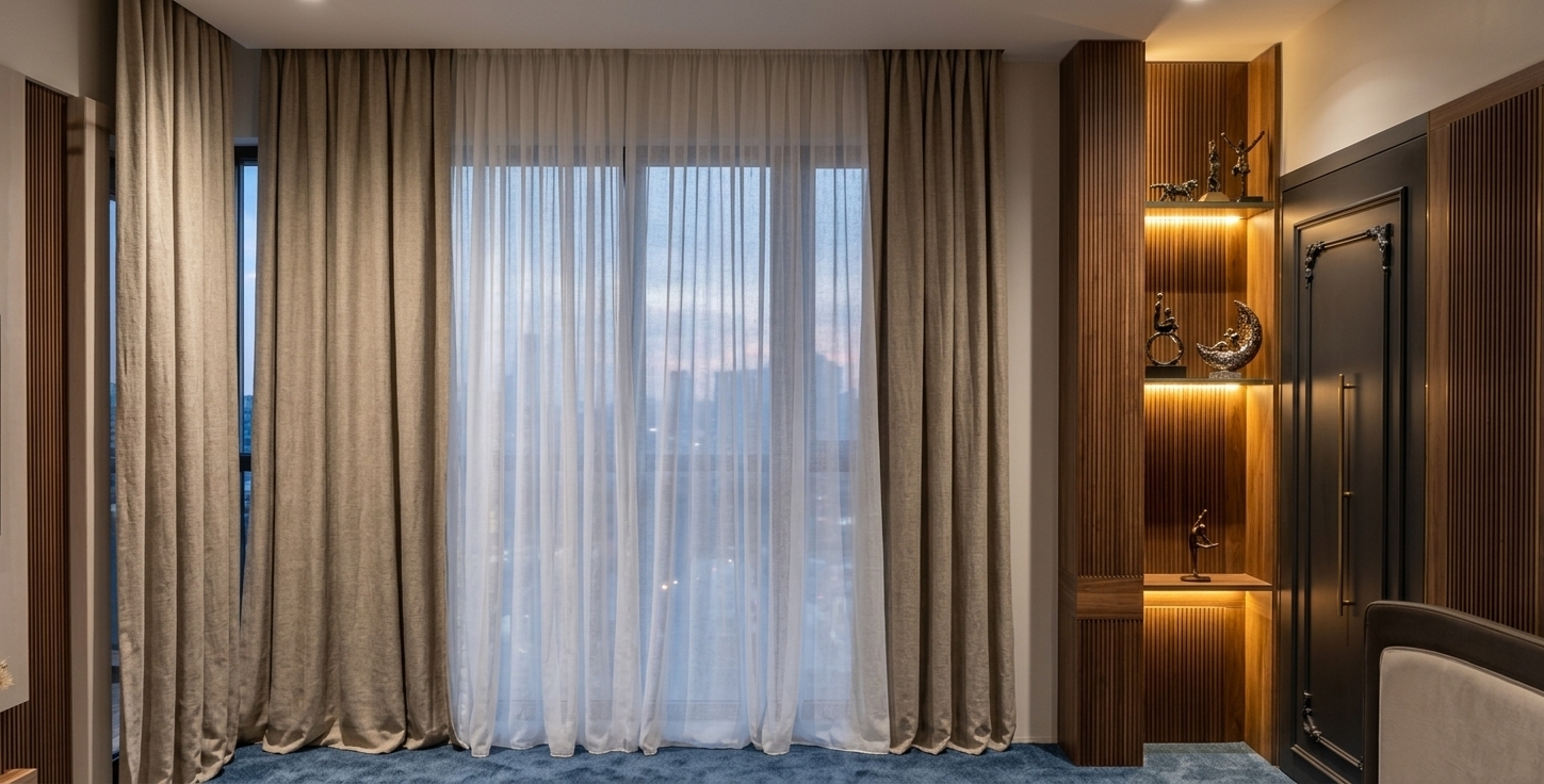 A straight-on interior architectural photograph captured with a 35mm lens, showcasing layered drapery with delicate, semi-translucent sheer fabric flanked by heavy linen side curtains with realistic micro-weave textures and soft fabric weight. Warm artificial lighting emanates from the concealed LED strips within the recessed shelving niche, casting a cozy 2700K golden glow across the fluted wood paneling, highlighting subtle grain imperfections and the metallic silhouettes of the decorative figurines. The ambient evening illumination creates gentle shadow gradations across the ceiling and wall moldings, complemented by natural textile drape folds, soft depth of field, balanced exposure, and subtle photographic film grain.