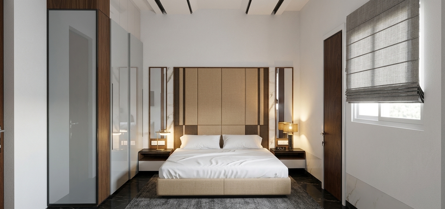 A clean architectural photograph capturing the exact bedroom layout, featuring matte white plaster walls and ceiling while keeping the original geometry and furniture intact. The bedside lamps emit a warm, gentle ambient glow across the tan upholstered headboard and smooth white bedding. Soft, diffused daylight filters through the textured fabric roman shade, balancing the artificial lighting and highlighting natural wood grain, mirror reflections, and authentic surface textures with realistic depth and subtle camera grain.