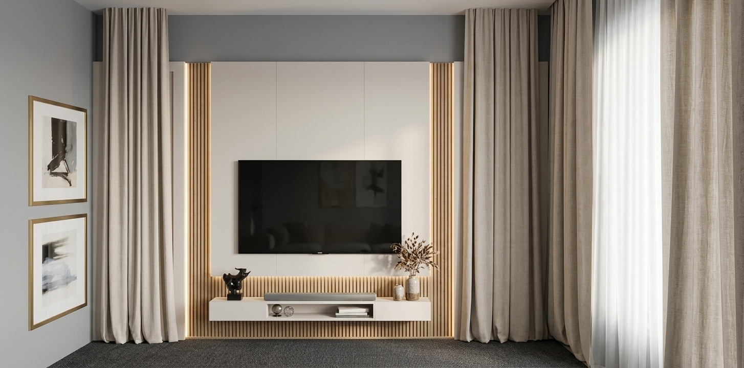 A straight-on architectural photograph captured with a 35mm lens, depicting the interior media wall illuminated by soft, layered warm artificial lighting. Hidden warm LED accent lights gently graze the vertical fluted panels, casting subtle vertical shadows and highlighting the fine matte finishes of the central wall and floating media console. The heavy linen curtains showcase authentic woven textures, natural folds, and realistic fabric drape. Faint ambient reflections appear on the mounted television screen and the glass of the two framed artworks on the left, while the flooring displays a rich, soft textile weave, producing a clean, photorealistic atmosphere with balanced tonal depth.