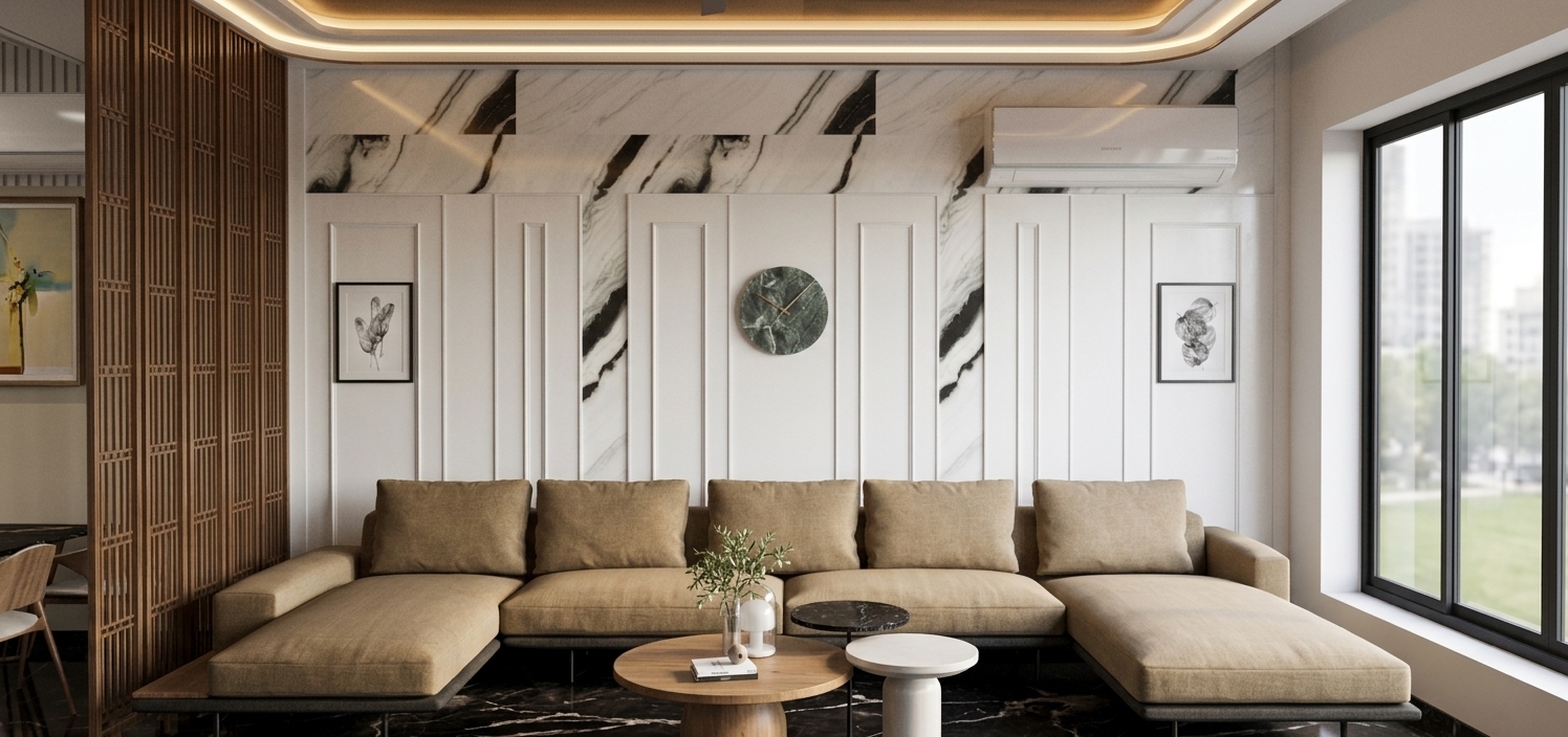 An architectural interior photograph of the exact living room scene, shot straight-on with a 35mm lens under soft daylight filtering naturally from the right-side window and warm ambient ceiling illumination. Preserve the identical composition, colors, and design, rendering the tan sectional sofa in a realistic woven fabric with subtle cushion creasing. The polished black-and-white marble accent walls and flooring feature physically accurate specular reflections and natural stone veining, complemented by smooth matte finishes on the white millwork. Natural contact shadows, soft ambient occlusion beneath the coffee tables, gentle shadow play from the wooden partition screen, and faint photographic grain bring the exact layout to life as an authentic interior photograph.