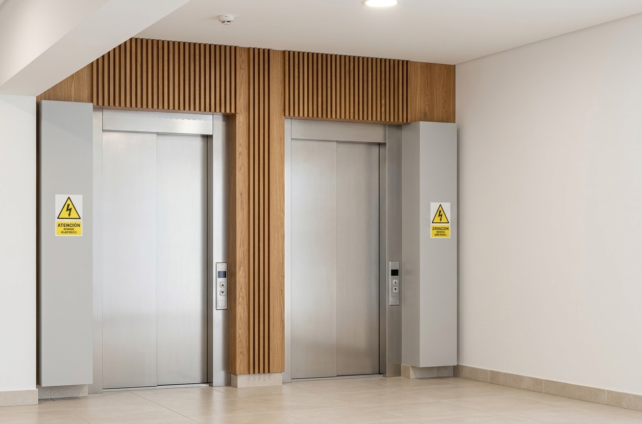 A photorealistic architectural photograph capturing the exact elevator lobby scene with identical framing, geometry, and composition. The walls and ceiling feature a clean, flat matte white finish, gently illuminated by the existing recessed ceiling downlight with realistic soft falloff and natural ambient bounce. The floor and matching baseboards are composed of 60x60 cm light beige semi-matte porcelain tiles with fine grout lines. The elevator doors and frames display a natural brushed stainless steel texture, framed by warm, natural wood vertical slat wall panels and matching wood-grain melamine accents. The two suspended vertical electrical cabinets on either side feature a smooth, matte light-grey aluminum finish with high-contrast warning decals, casting subtle drop shadows against the white walls. Every detail, including the ceiling smoke detector, button panels, and material textures, is rendered with authentic photographic clarity, soft contact shadows, and realistic material physics.